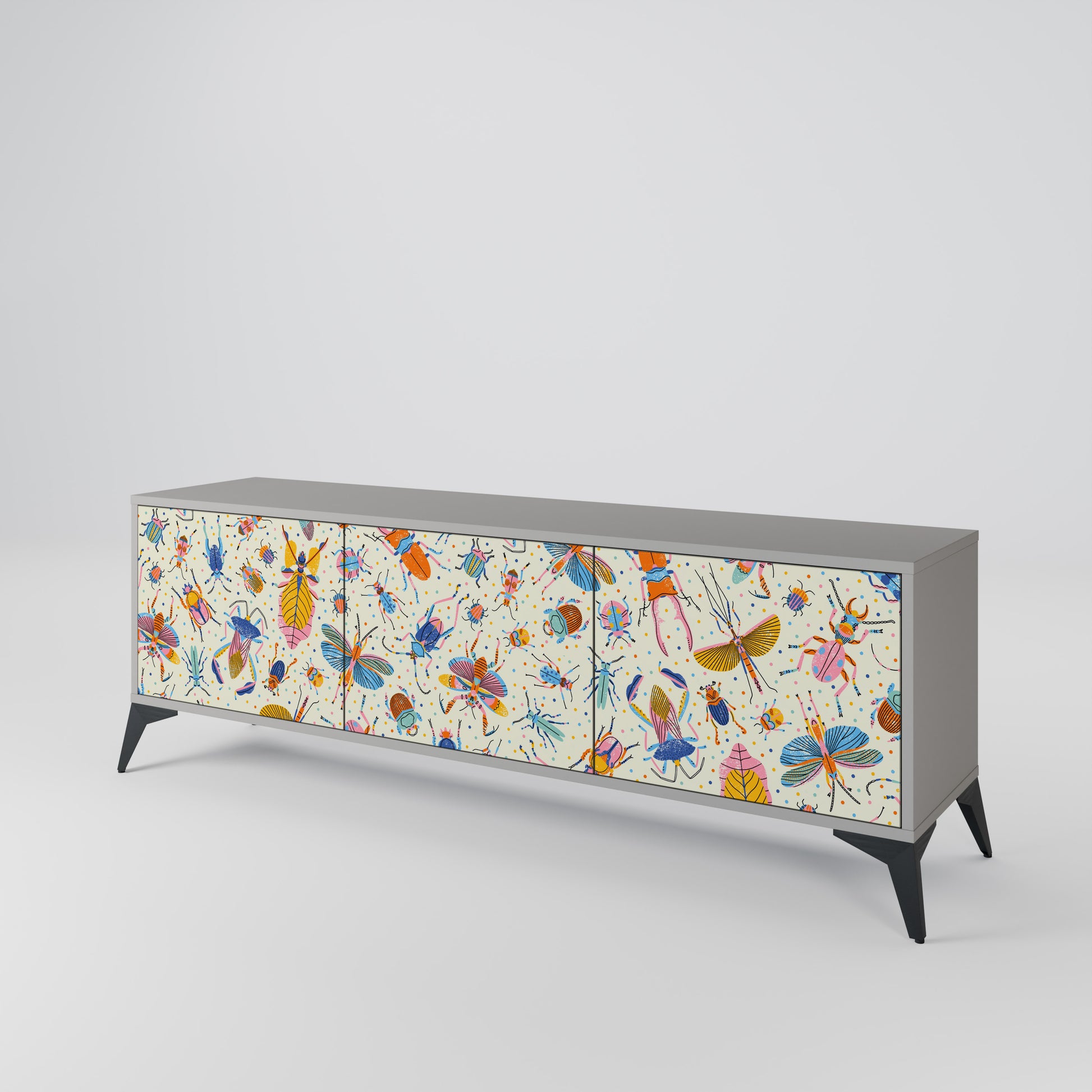 COLORFUL INSECTS 3-Door TV Stand in Grey Finish