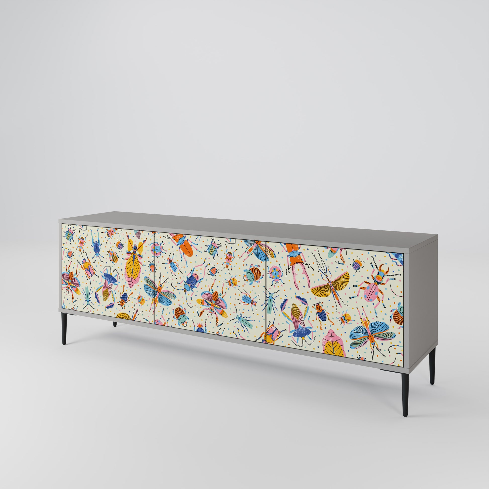 COLORFUL INSECTS 3-Door TV Stand in Grey Finish