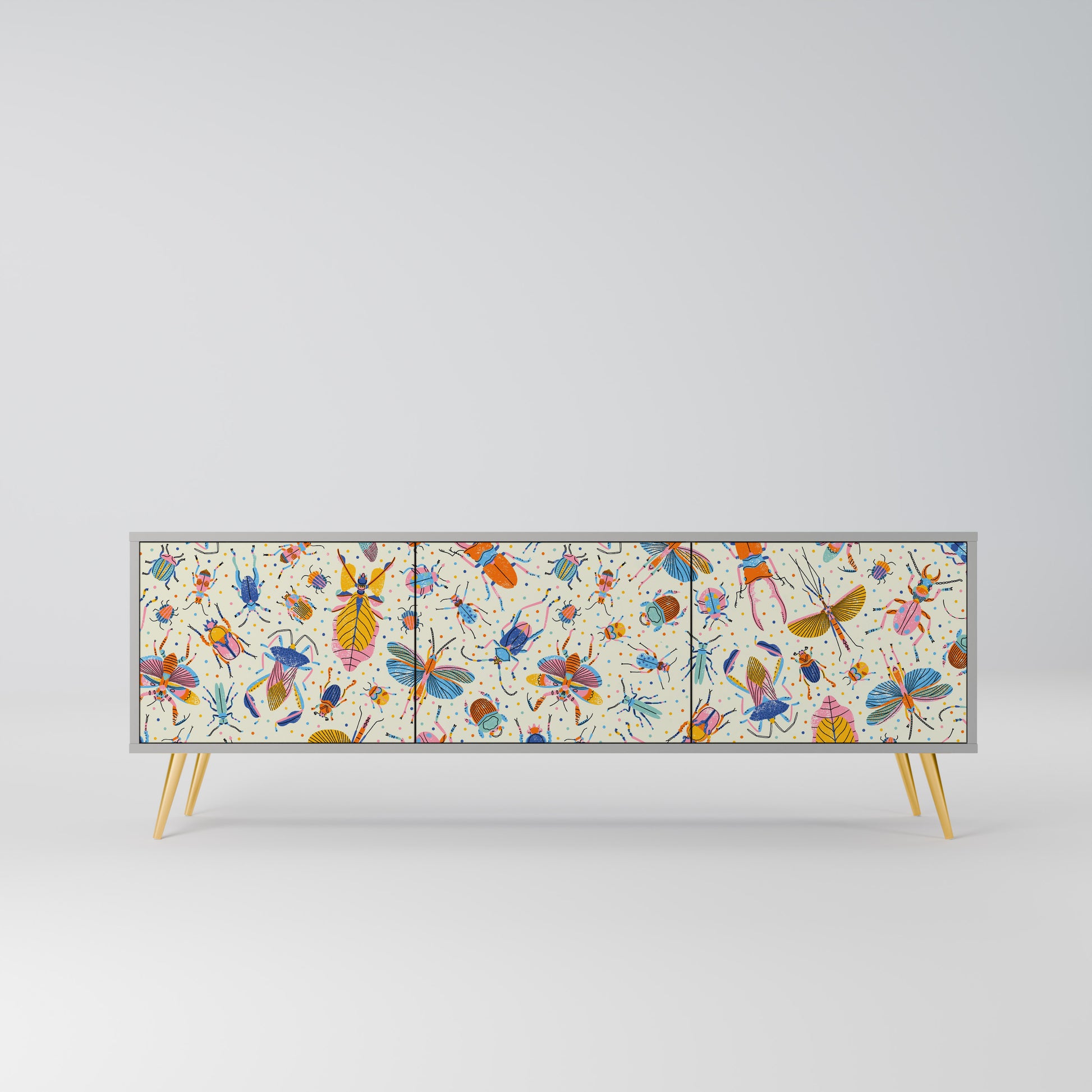 COLORFUL INSECTS 3-Door TV Stand in Grey Finish