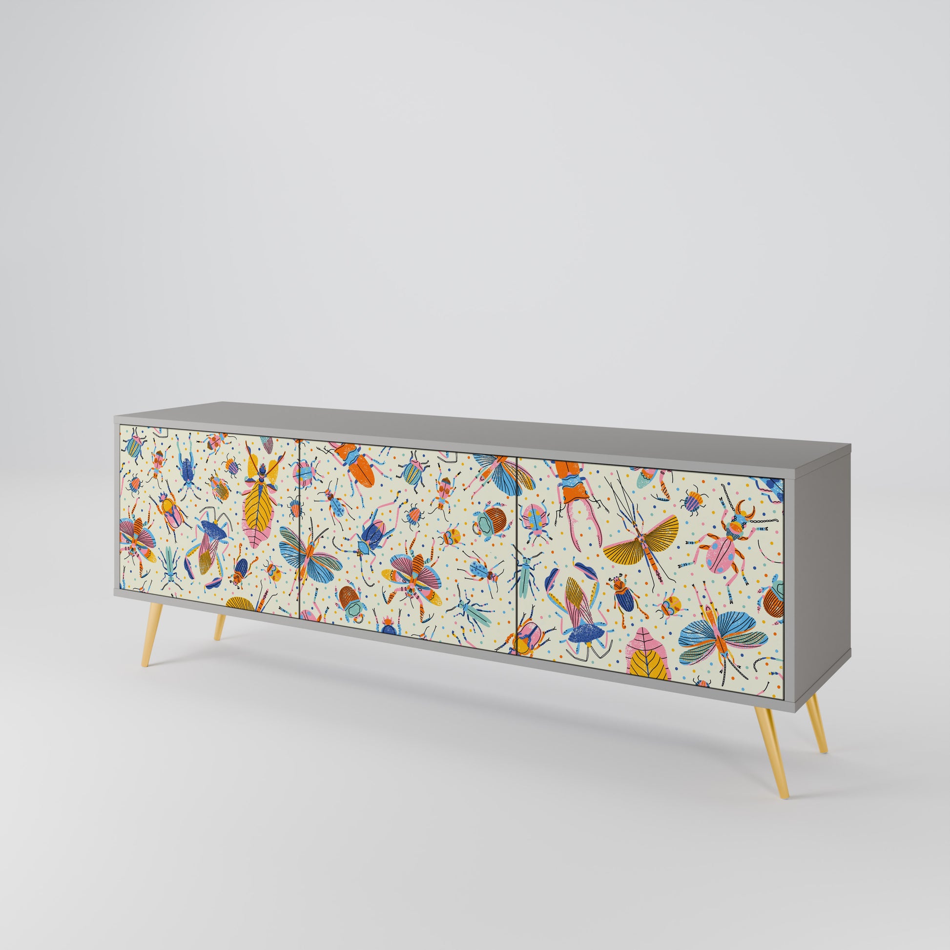 COLORFUL INSECTS 3-Door TV Stand in Grey Finish
