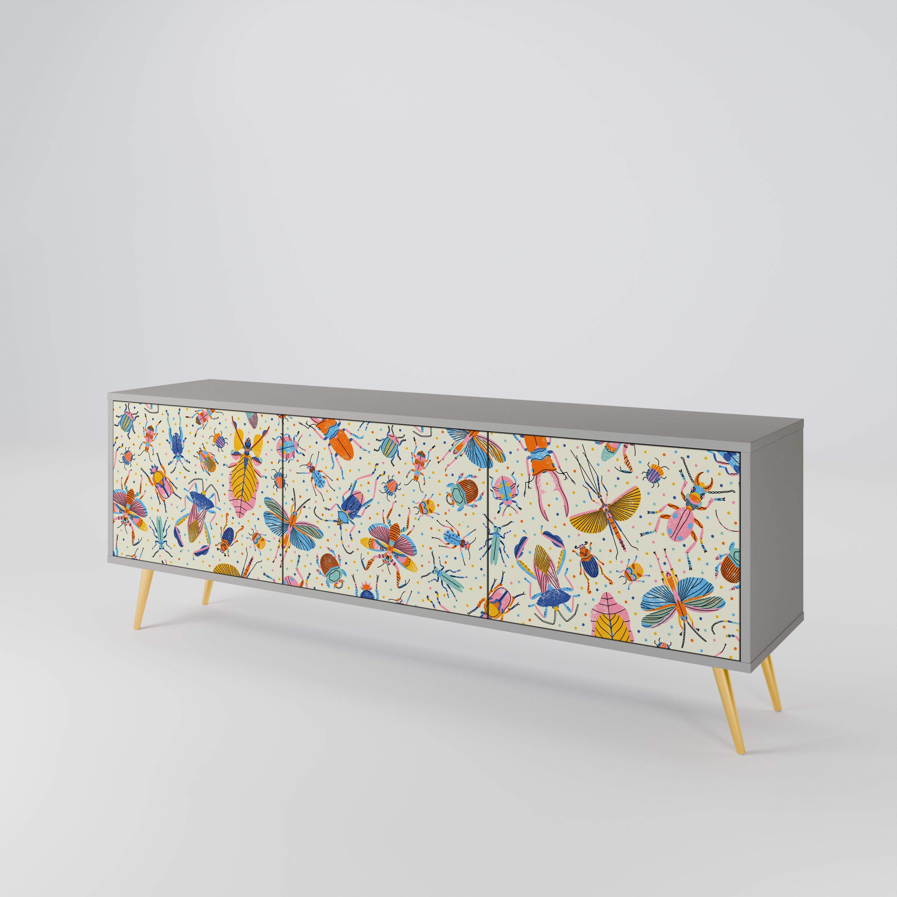 COLORFUL INSECTS 3-Door TV Stand in Grey Finish