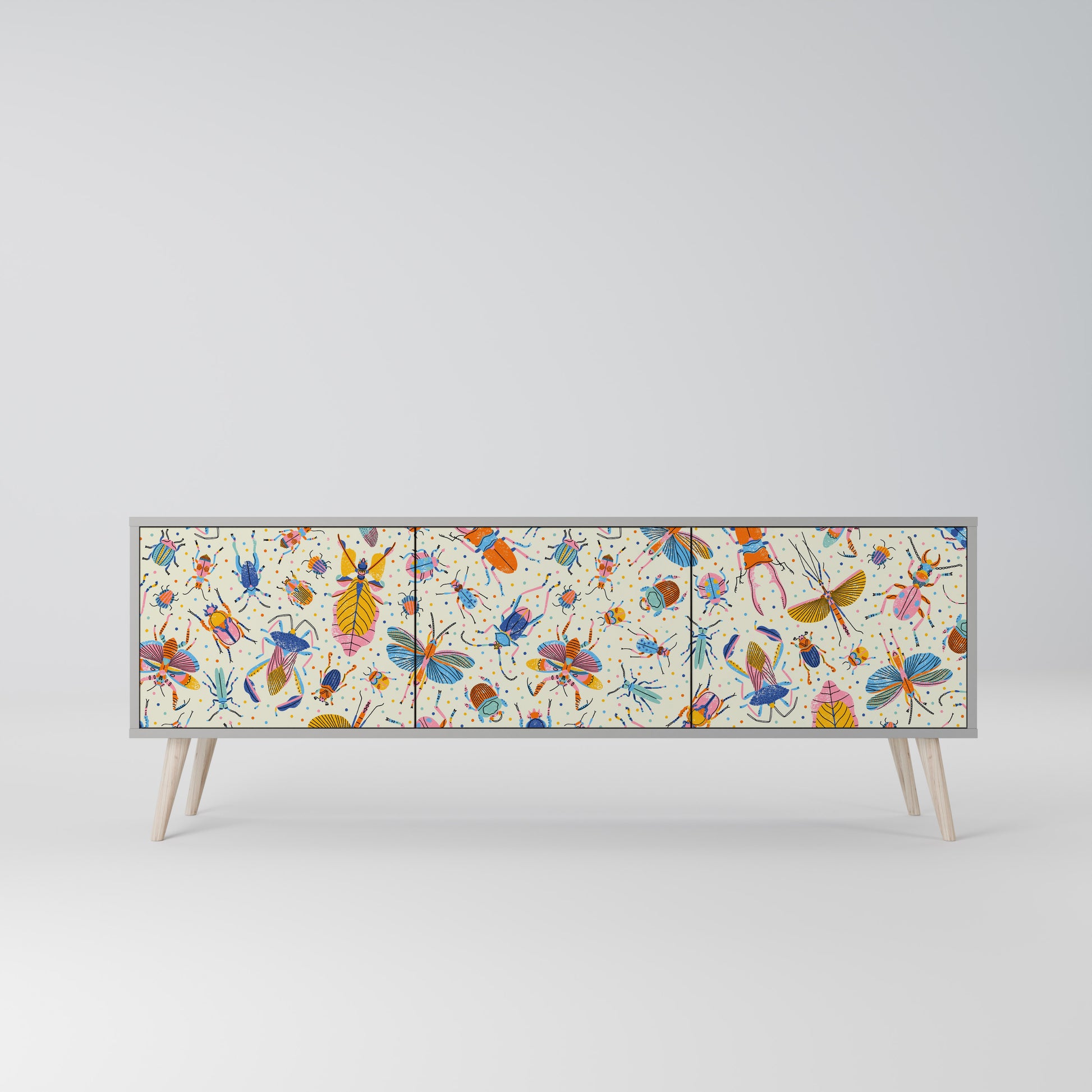 COLORFUL INSECTS 3-Door TV Stand in Grey Finish