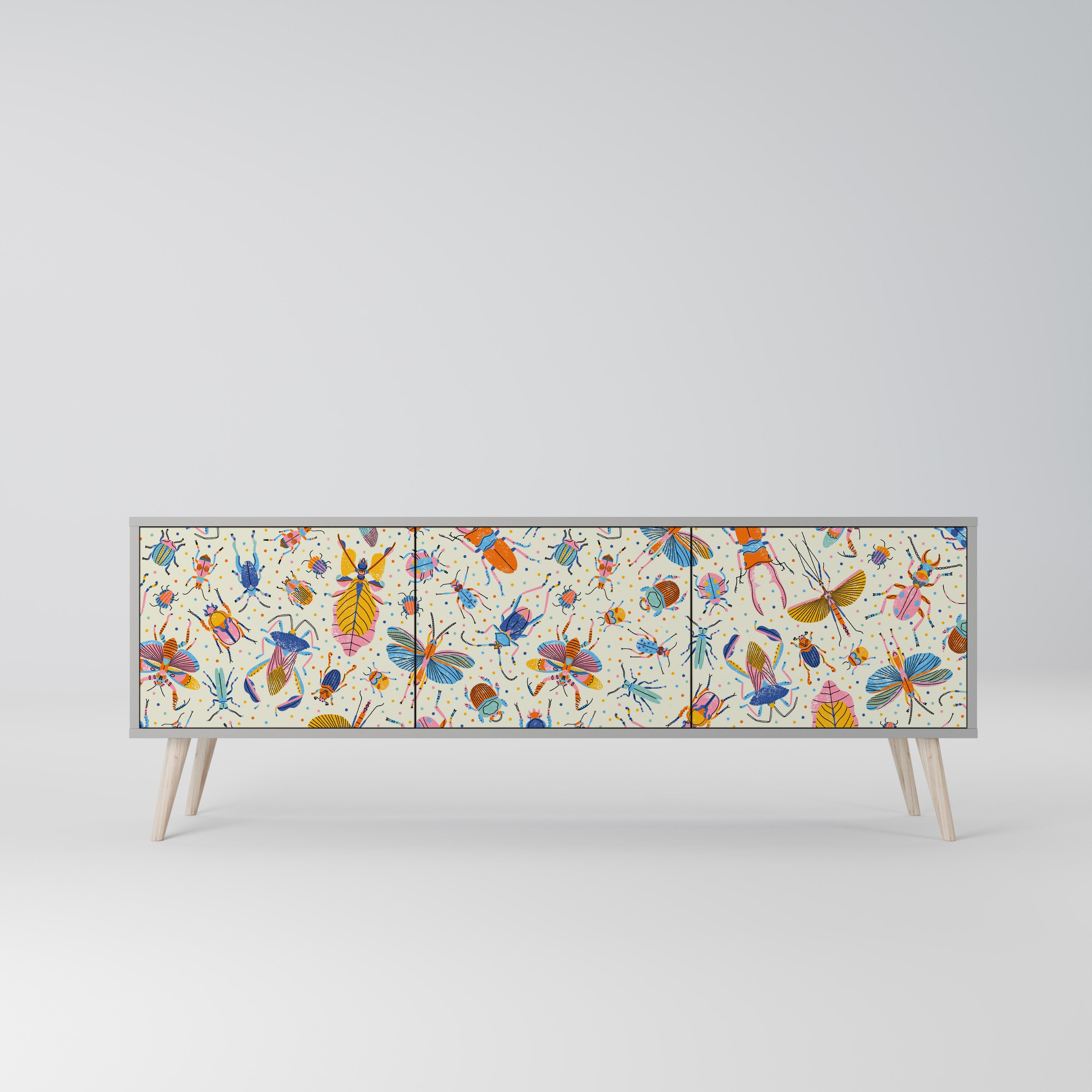 COLORFUL INSECTS 3-Door TV Stand in Grey Finish