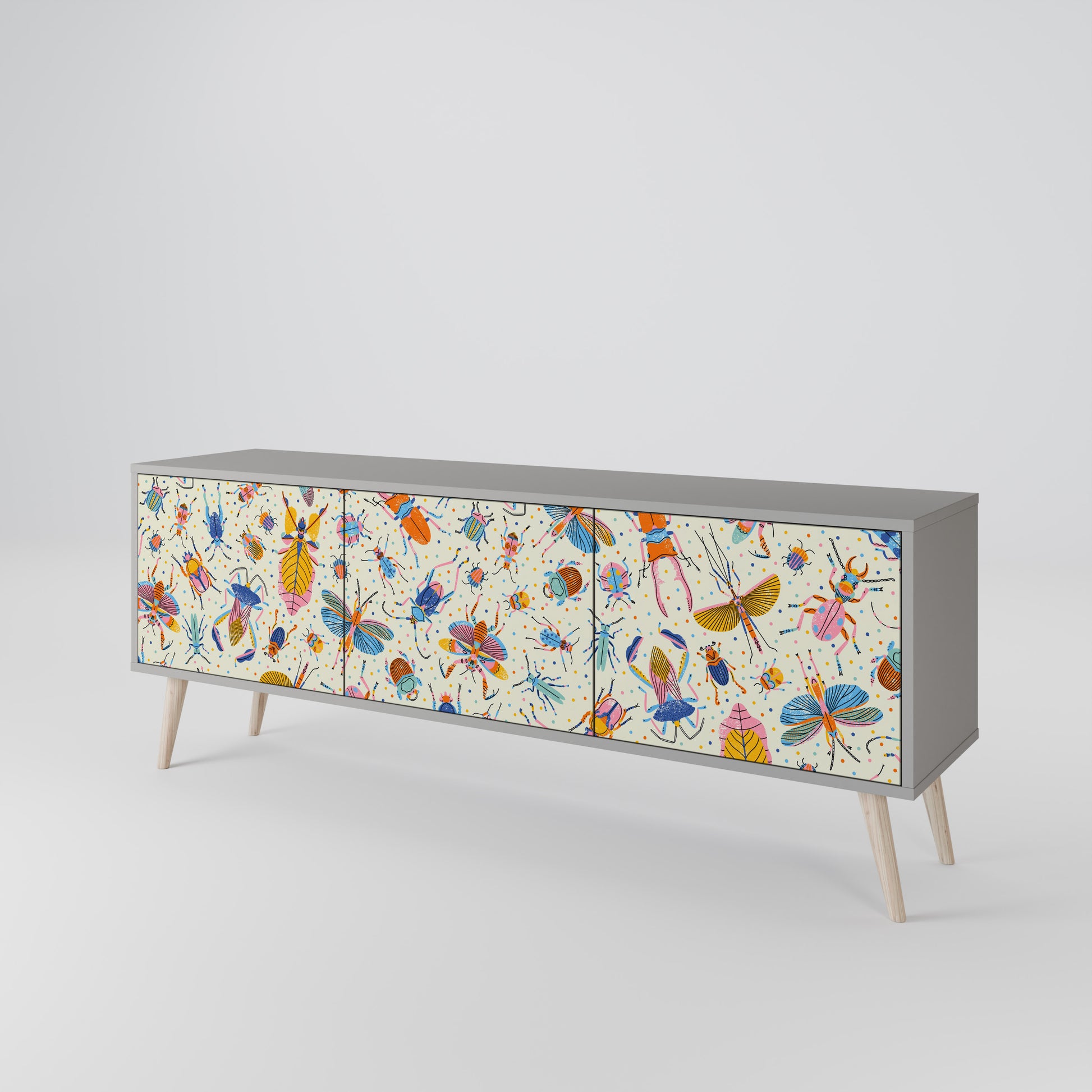 COLORFUL INSECTS 3-Door TV Stand in Grey Finish