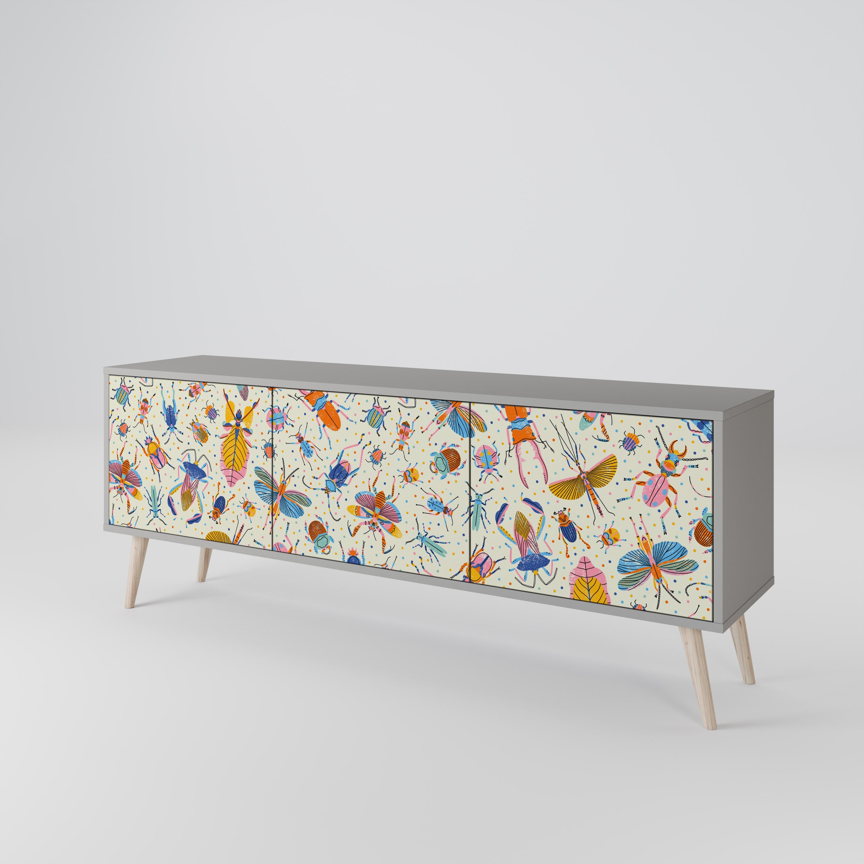 COLORFUL INSECTS 3-Door TV Stand in Grey Finish