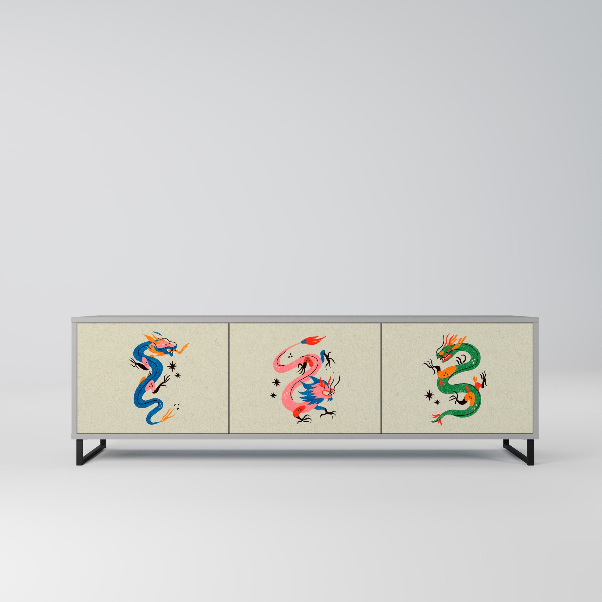 MYTHOLOGICAL CREATURES 3-Door TV Stand in Grey Finish