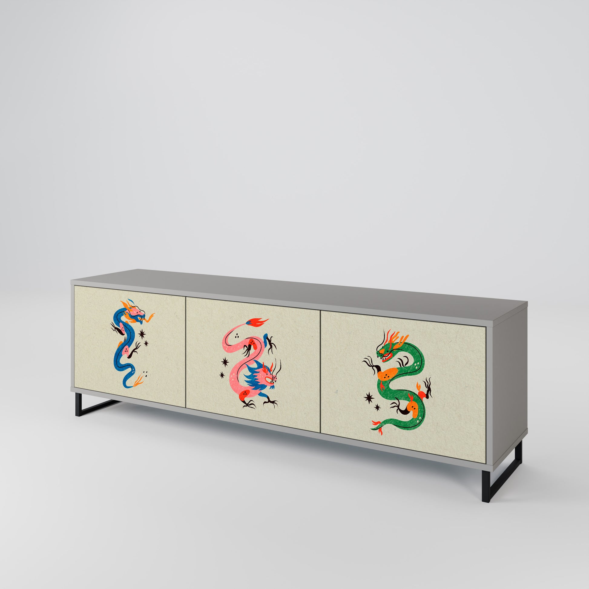 MYTHOLOGICAL CREATURES 3-Door TV Stand in Grey Finish
