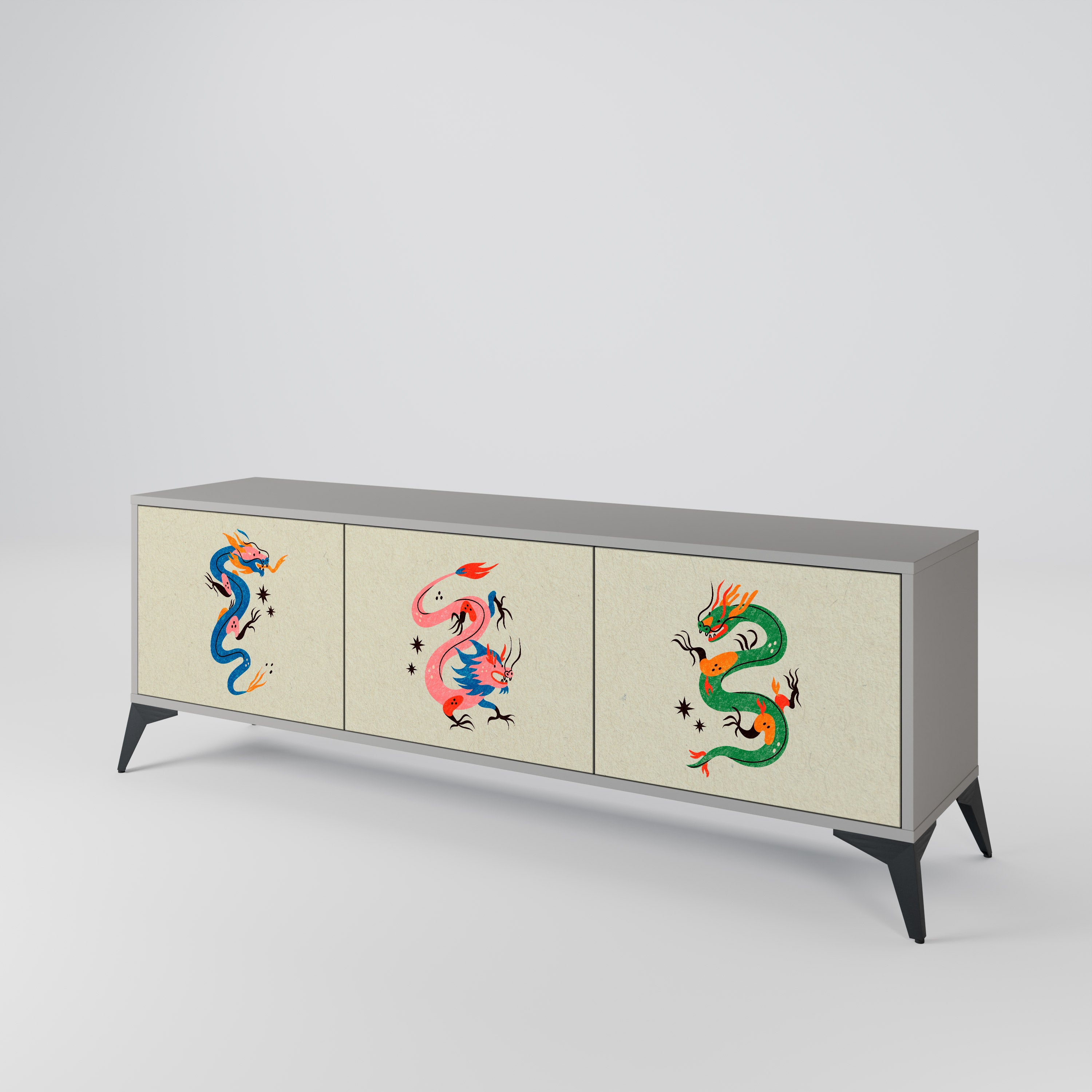 MYTHOLOGICAL CREATURES 3-Door TV Stand in Grey Finish
