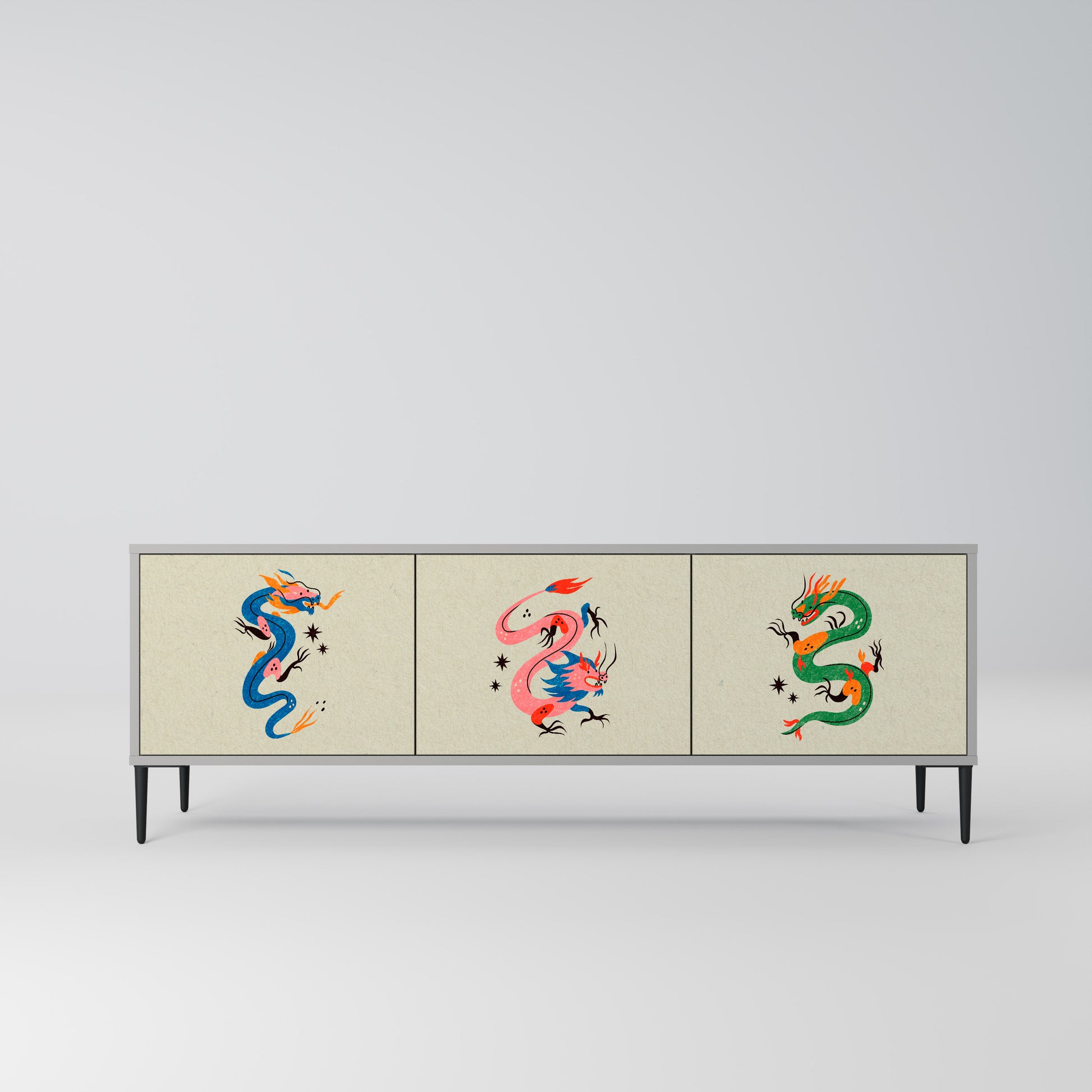 MYTHOLOGICAL CREATURES 3-Door TV Stand in Grey Finish