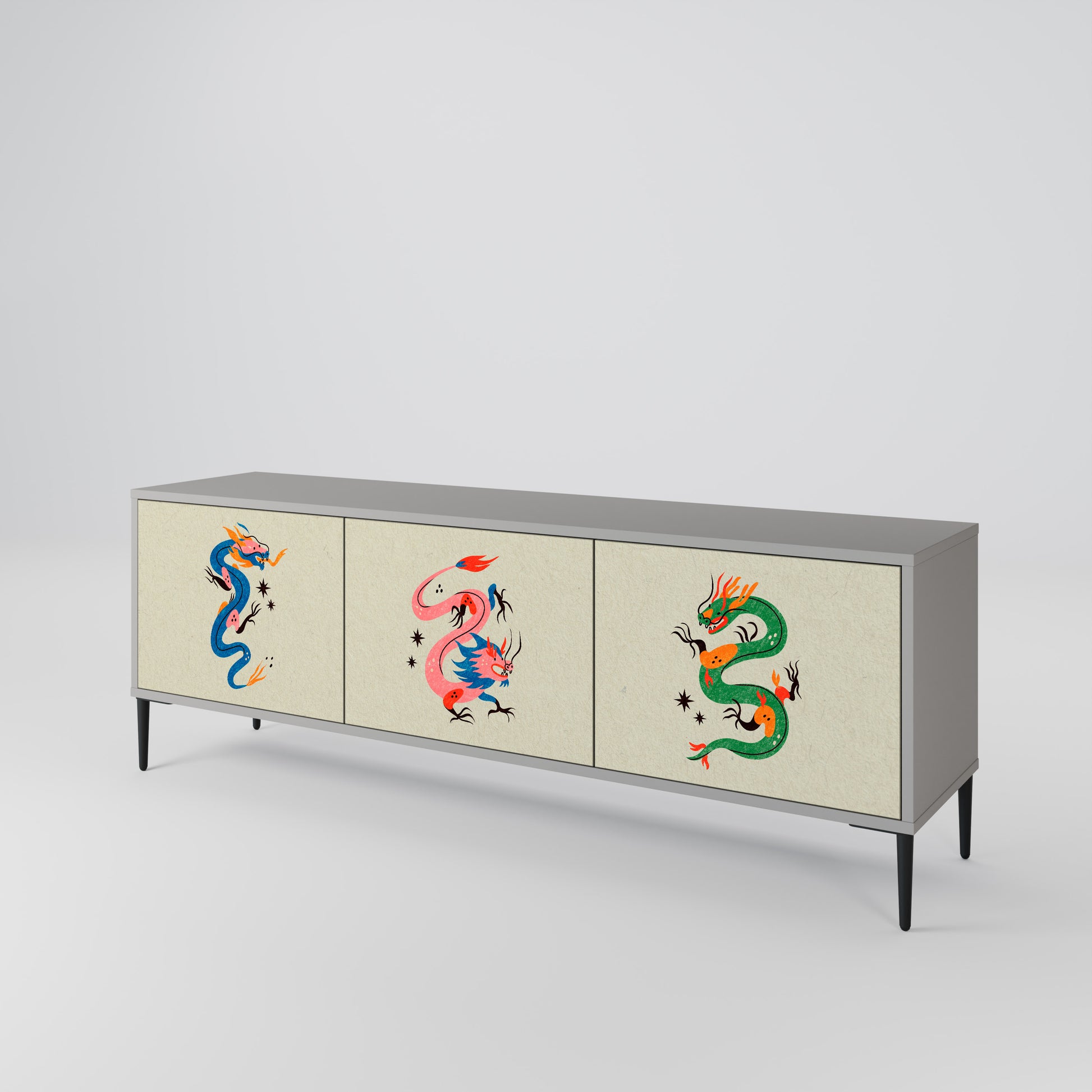 MYTHOLOGICAL CREATURES 3-Door TV Stand in Grey Finish