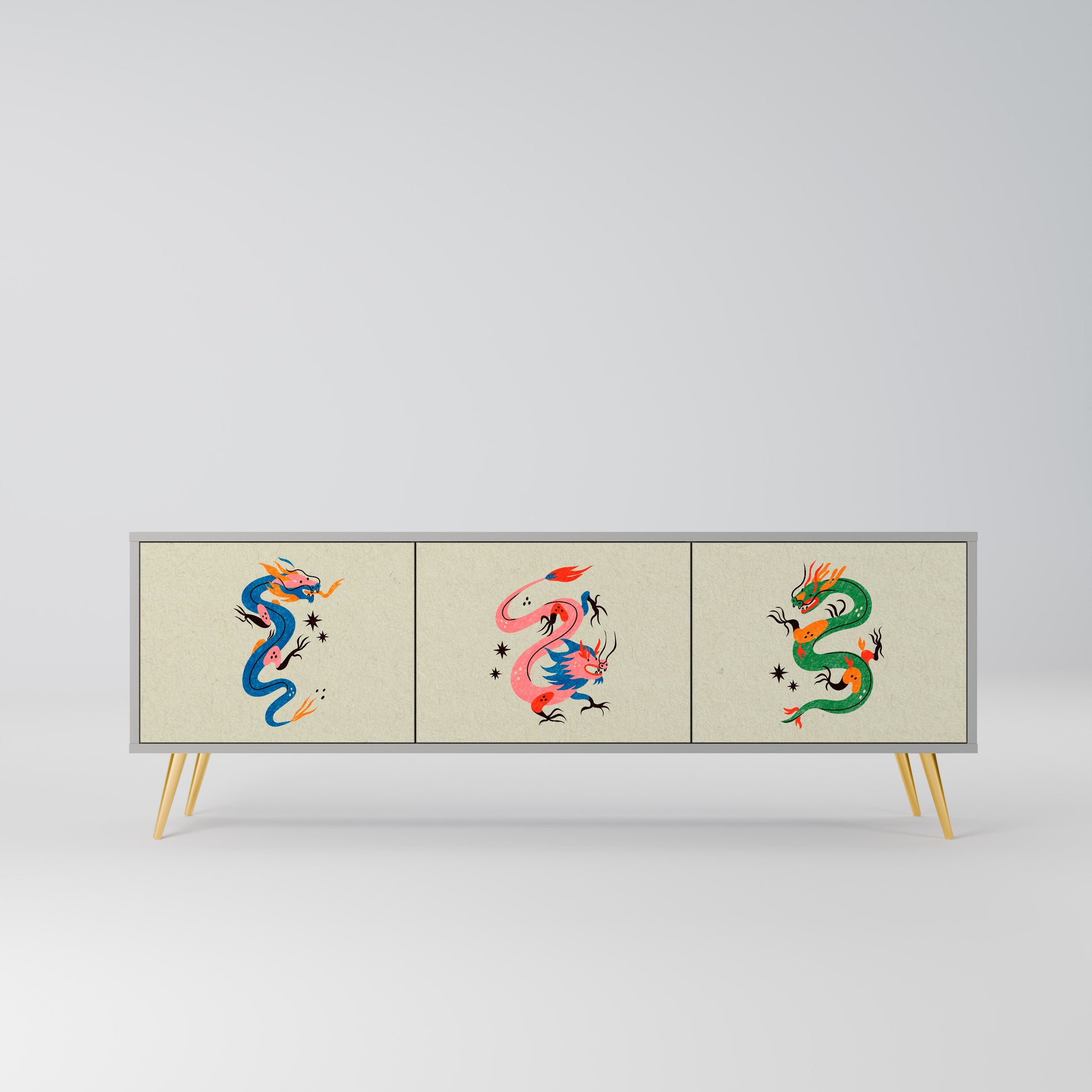 MYTHOLOGICAL CREATURES 3-Door TV Stand in Grey Finish