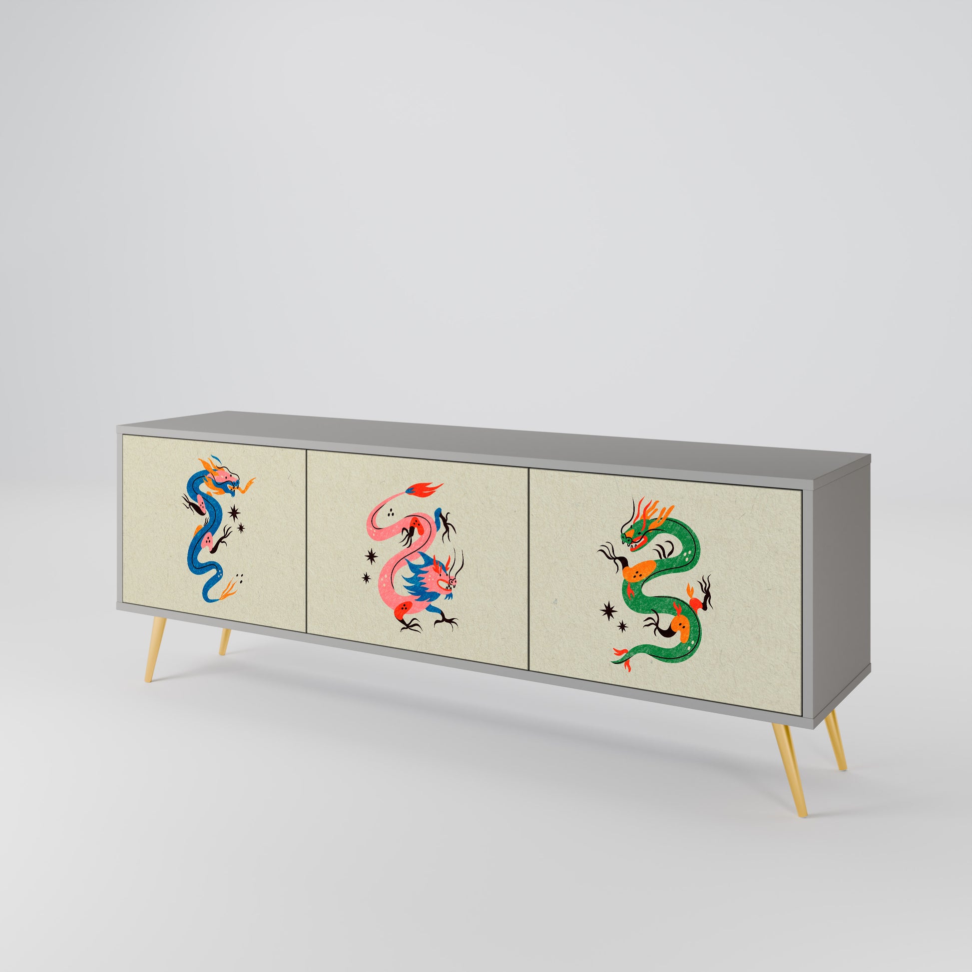 MYTHOLOGICAL CREATURES 3-Door TV Stand in Grey Finish