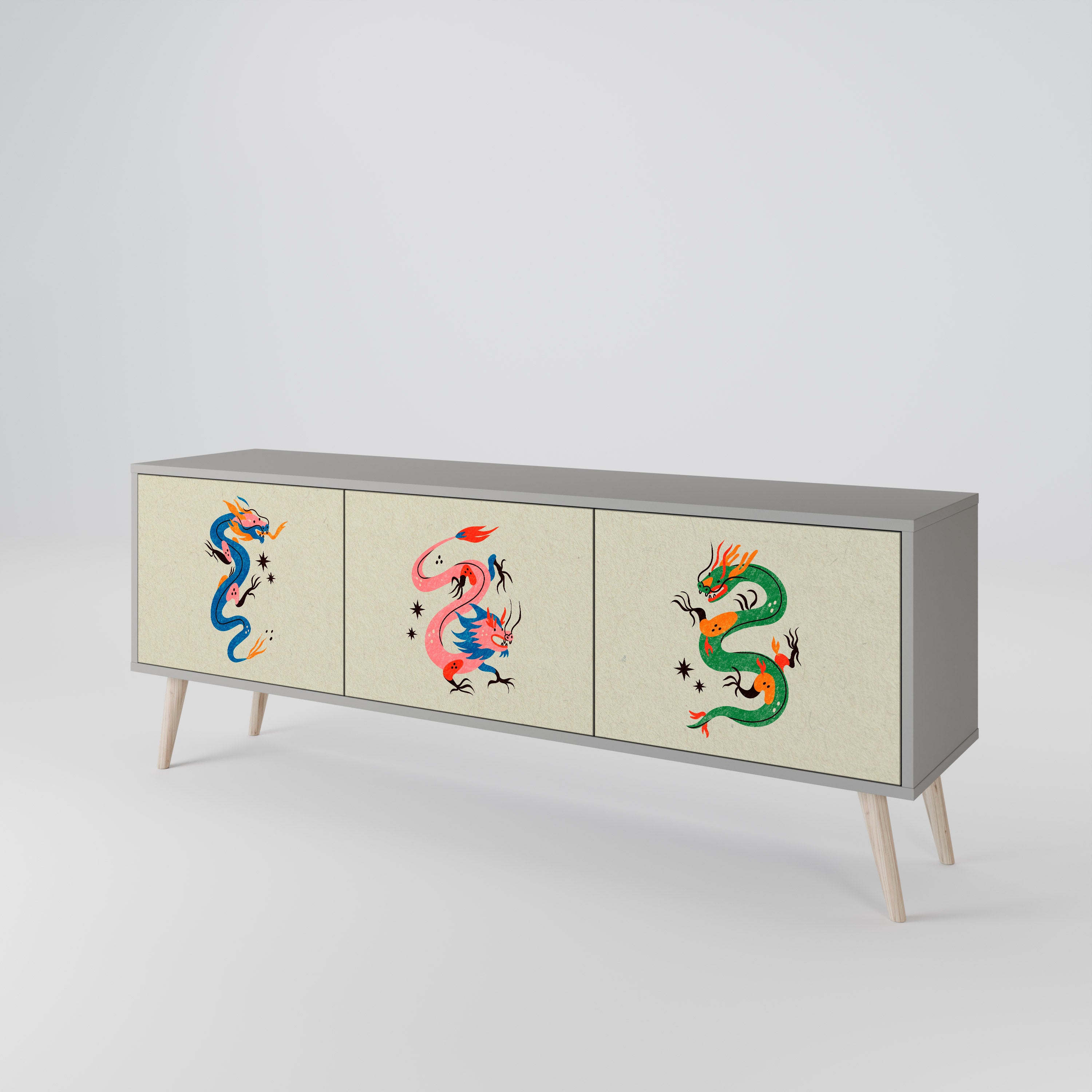 MYTHOLOGICAL CREATURES 3-Door TV Stand in Grey Finish