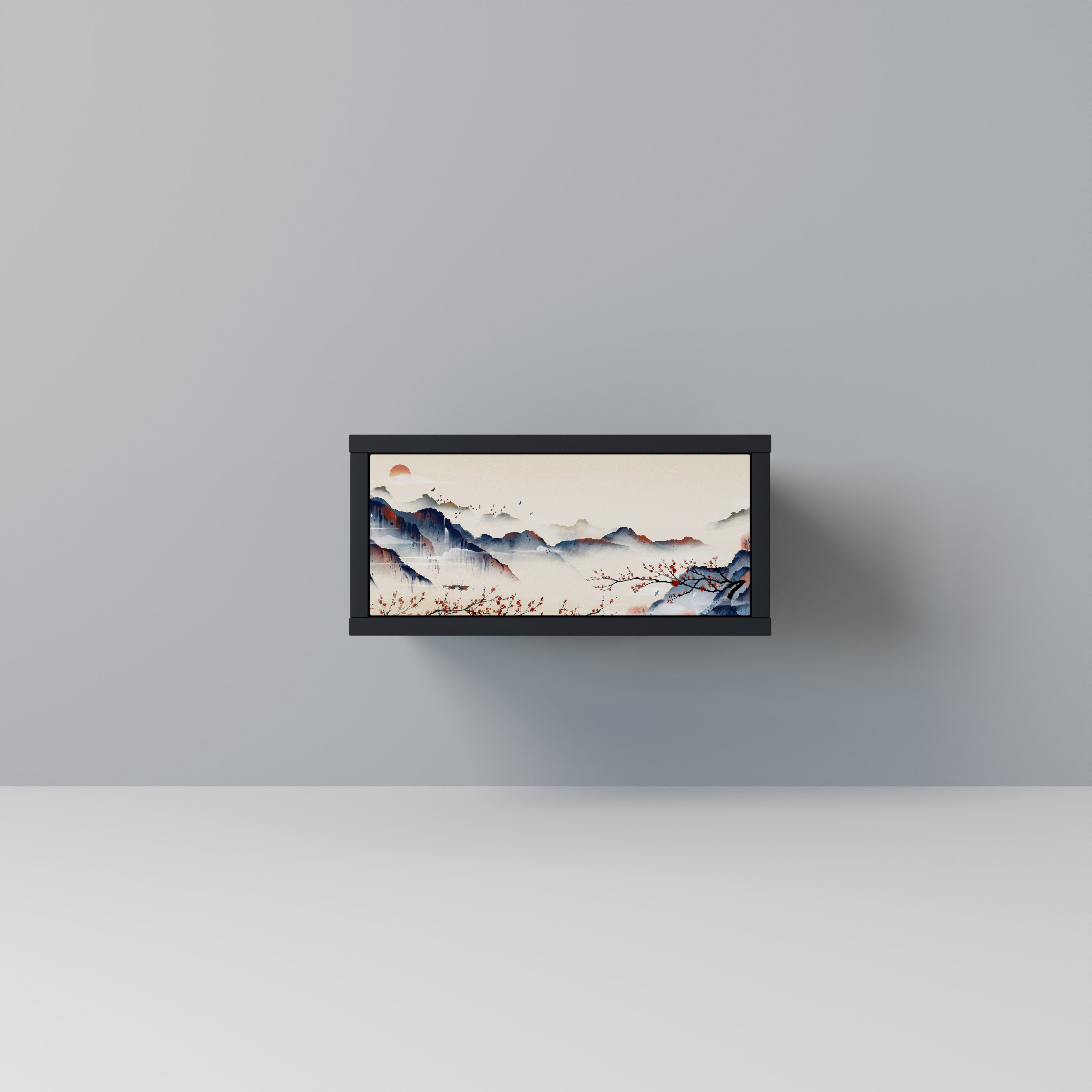 Mesita de noche con diseño de paisaje japonés en acabado negro