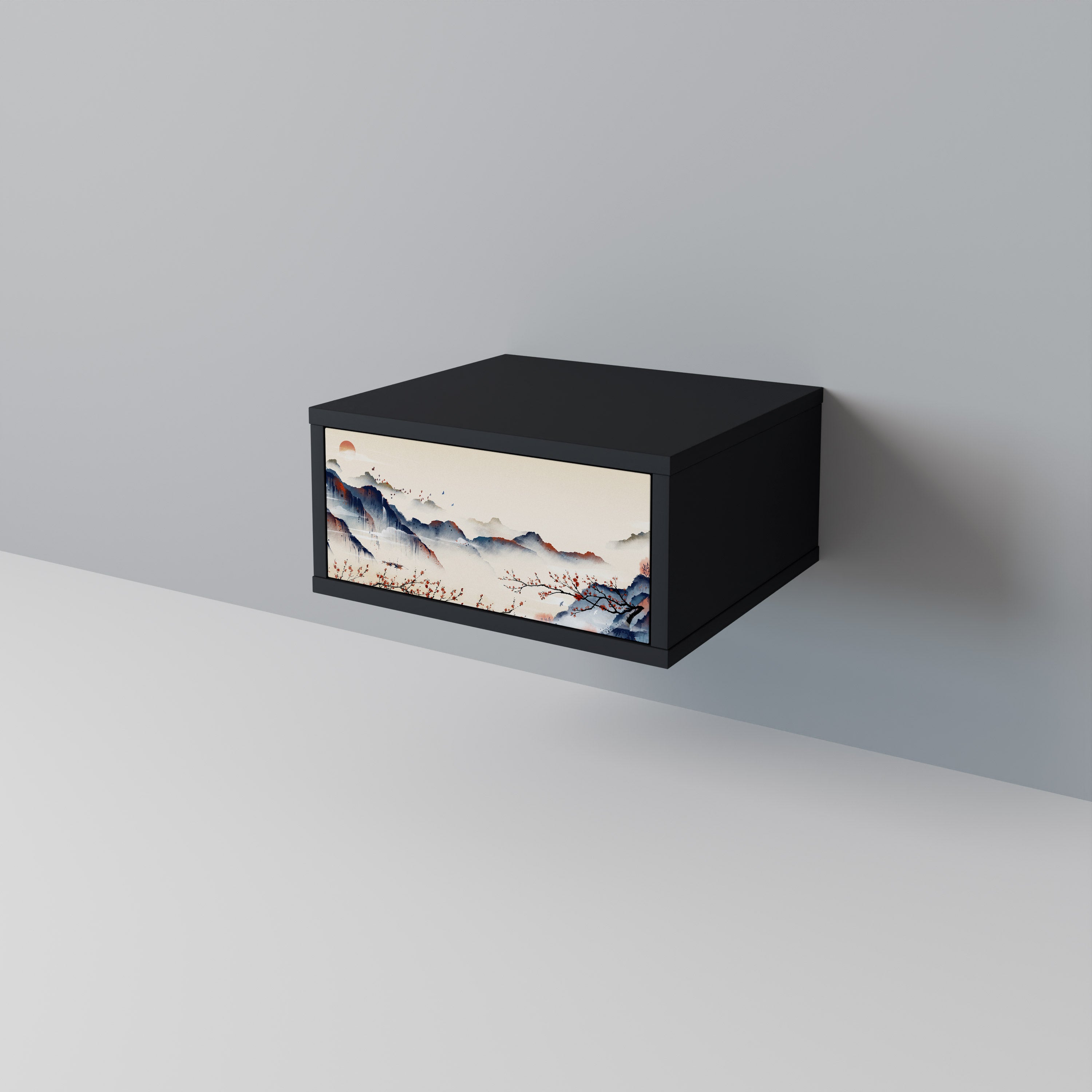 Mesita de noche con diseño de paisaje japonés en acabado negro
