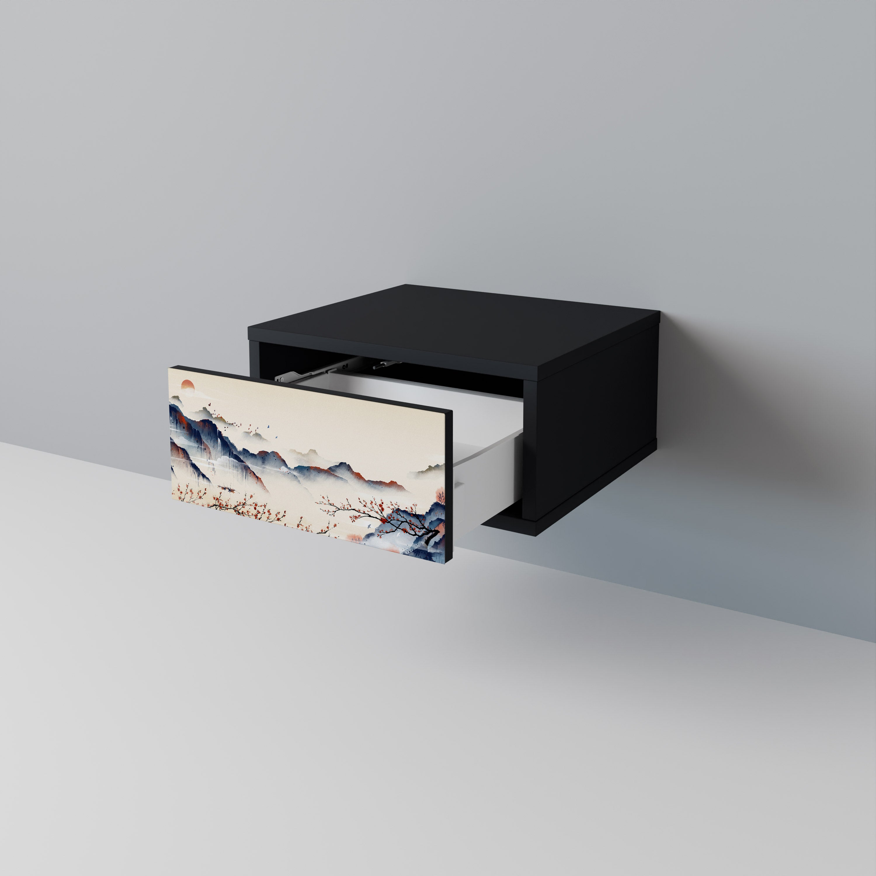 Mesita de noche con diseño de paisaje japonés en acabado negro