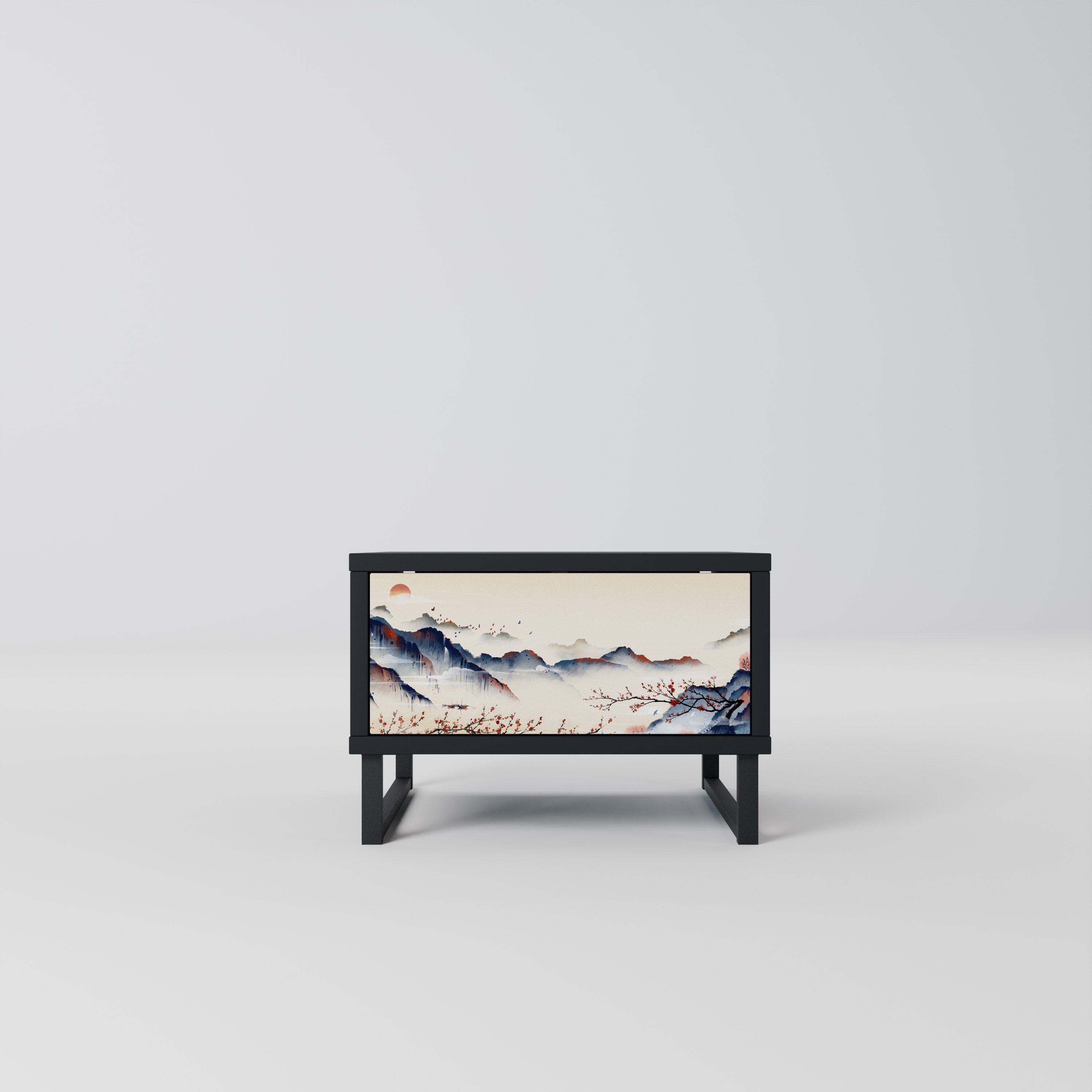 Mesita de noche con diseño de paisaje japonés en acabado negro