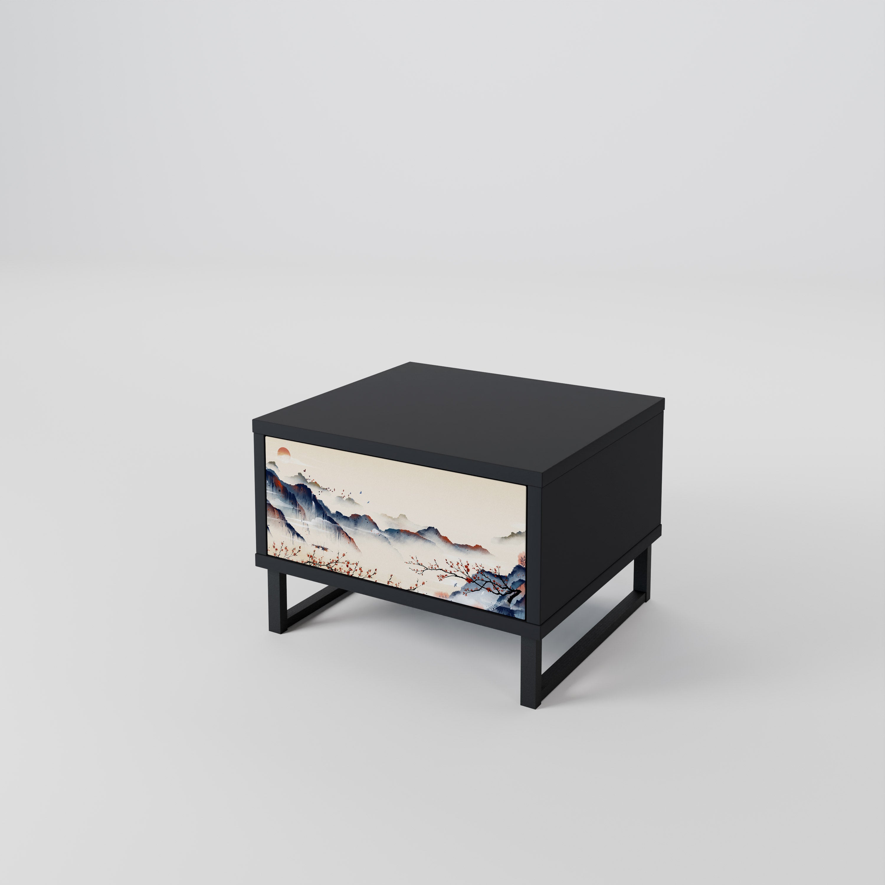 Mesita de noche con diseño de paisaje japonés en acabado negro