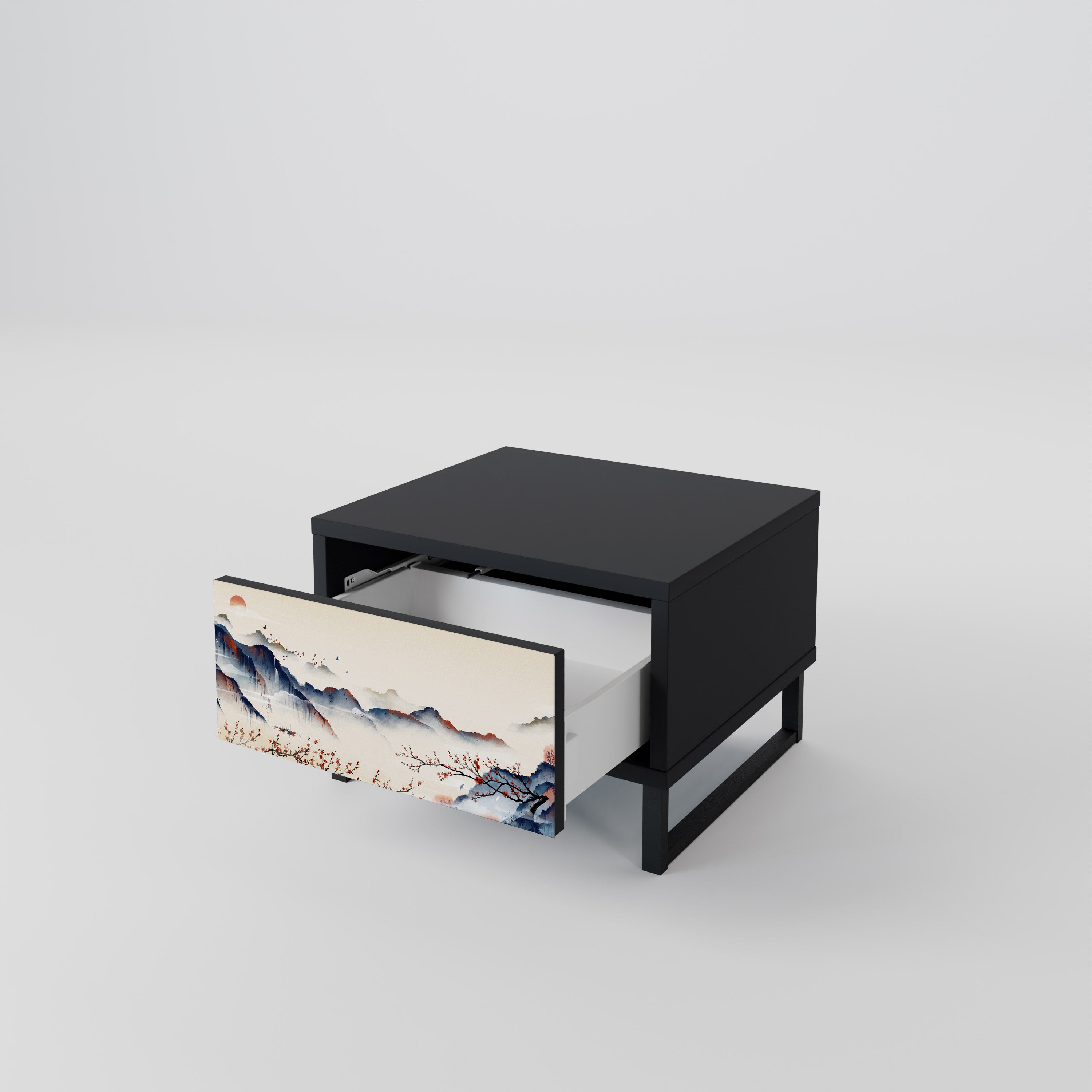 Mesita de noche con diseño de paisaje japonés en acabado negro