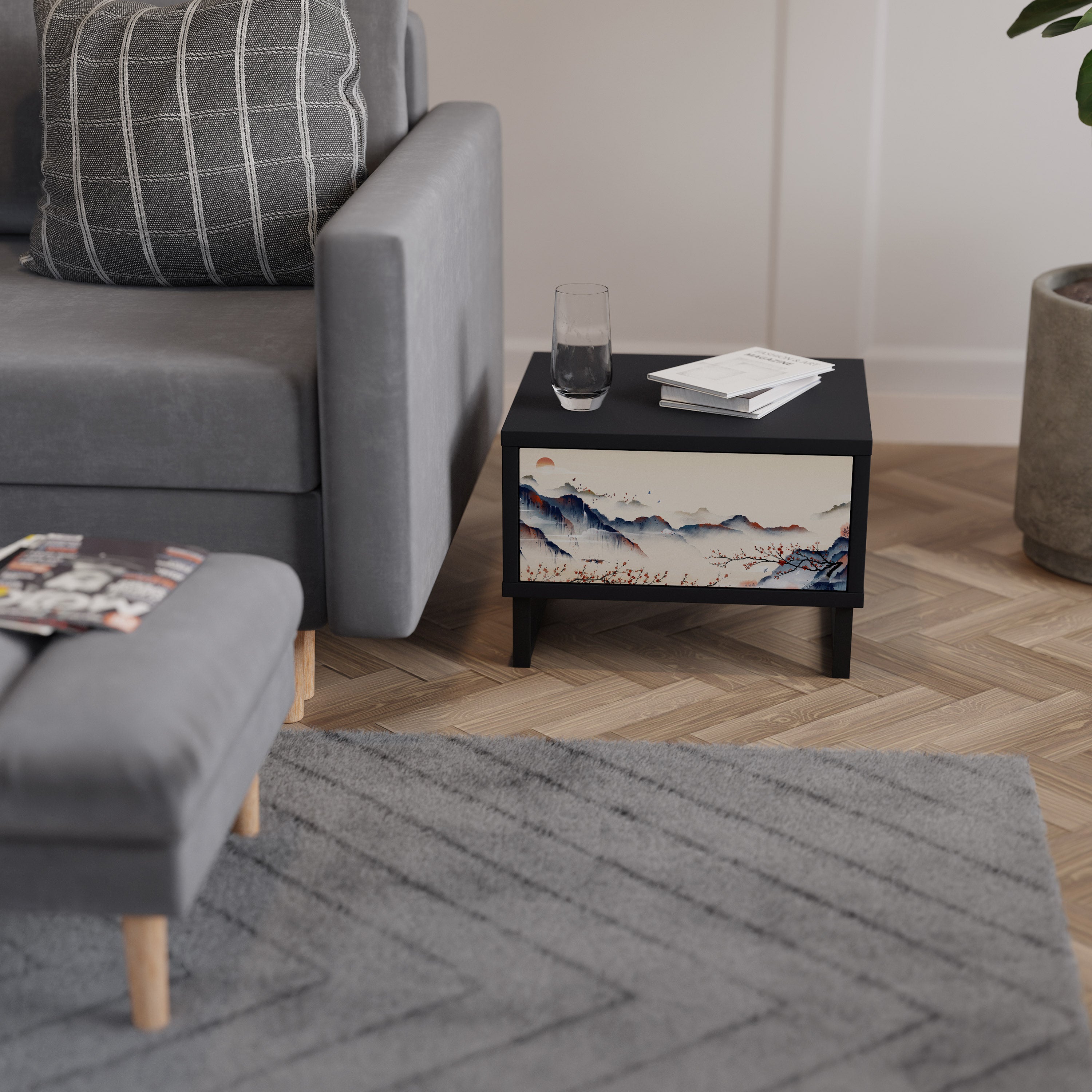Mesita de noche con diseño de paisaje japonés en acabado negro
