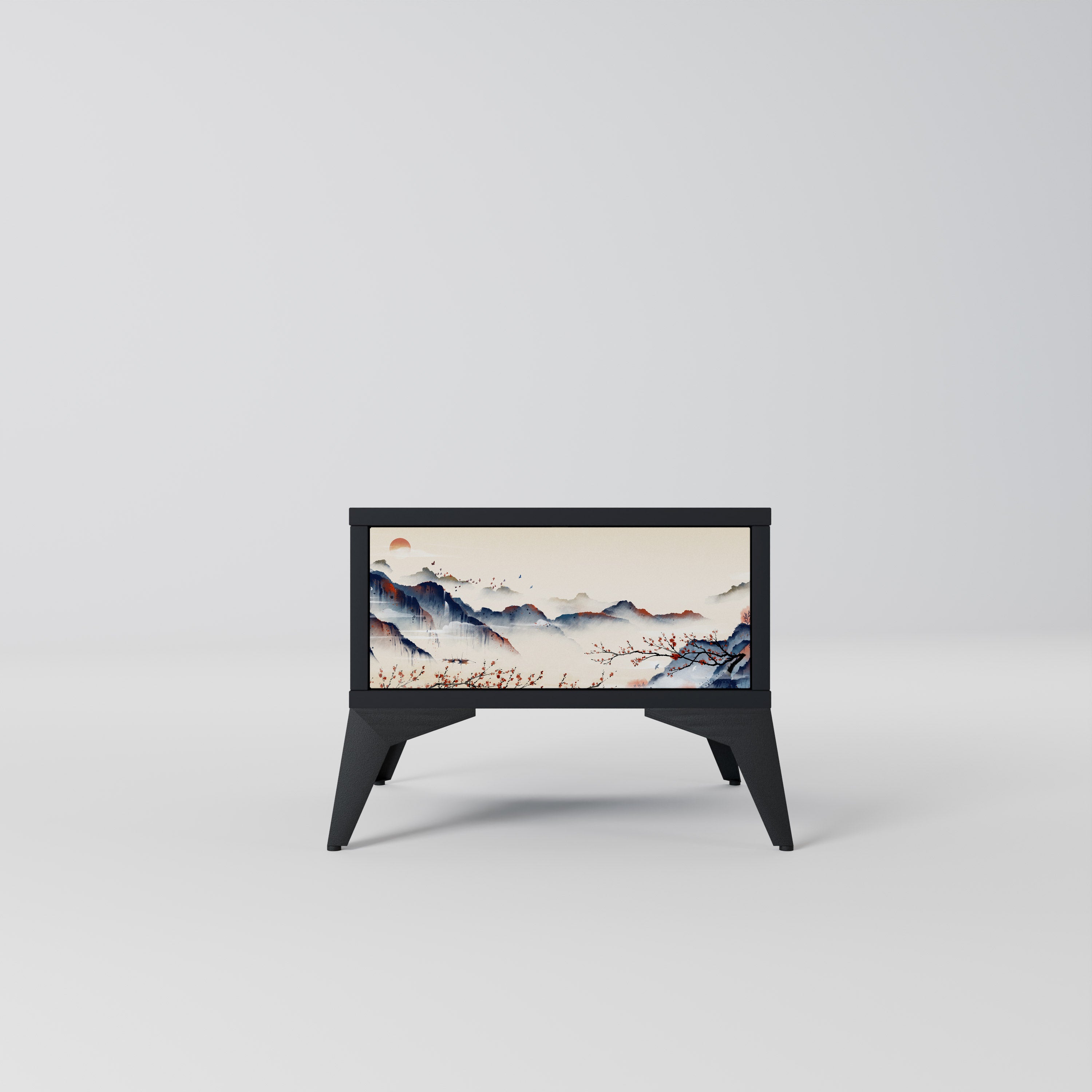Mesita de noche con diseño de paisaje japonés en acabado negro