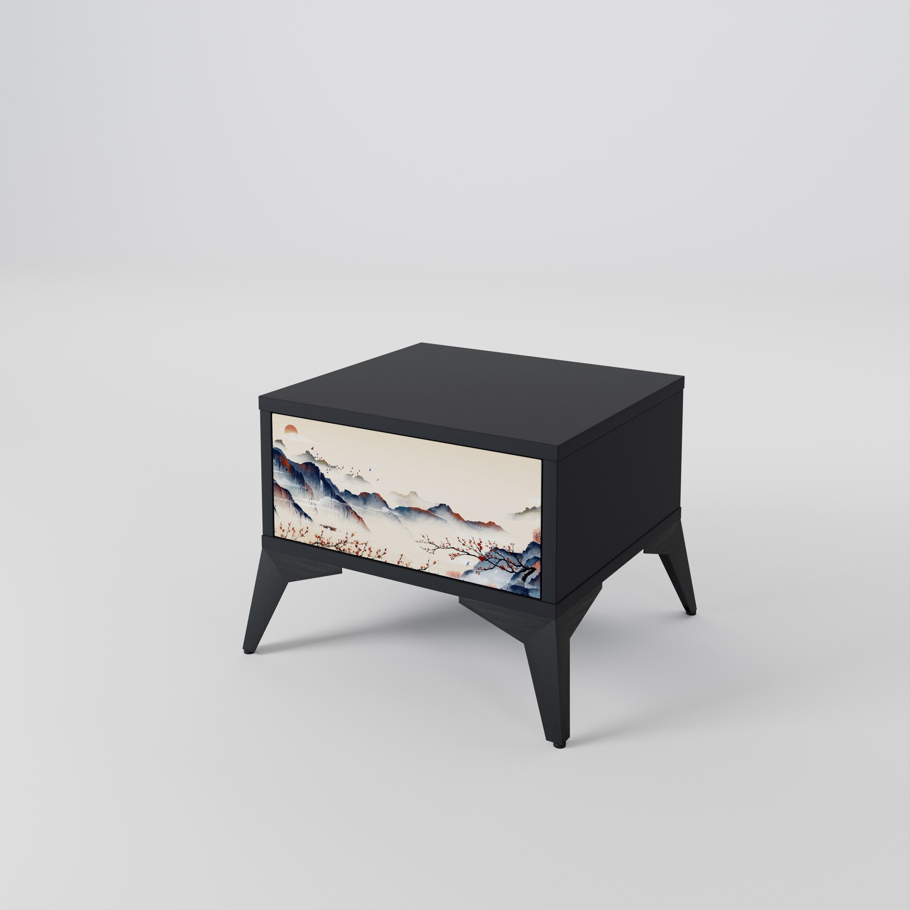 Mesita de noche con diseño de paisaje japonés en acabado negro