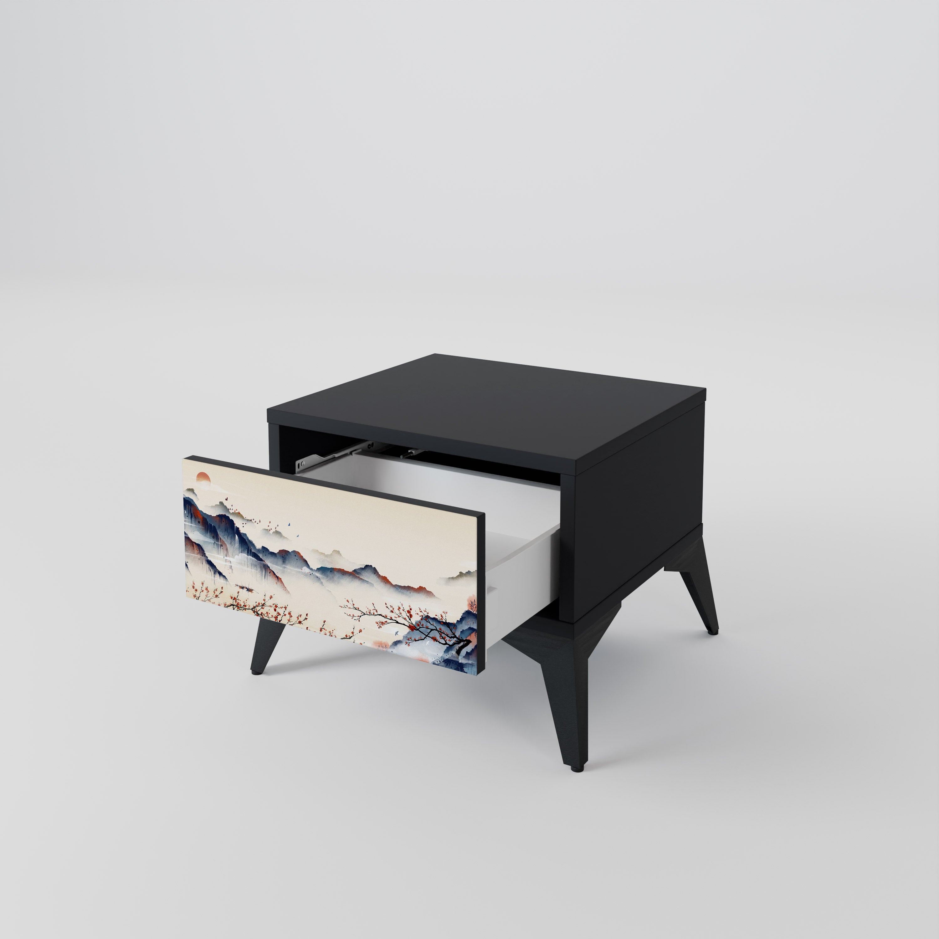 Mesita de noche con diseño de paisaje japonés en acabado negro
