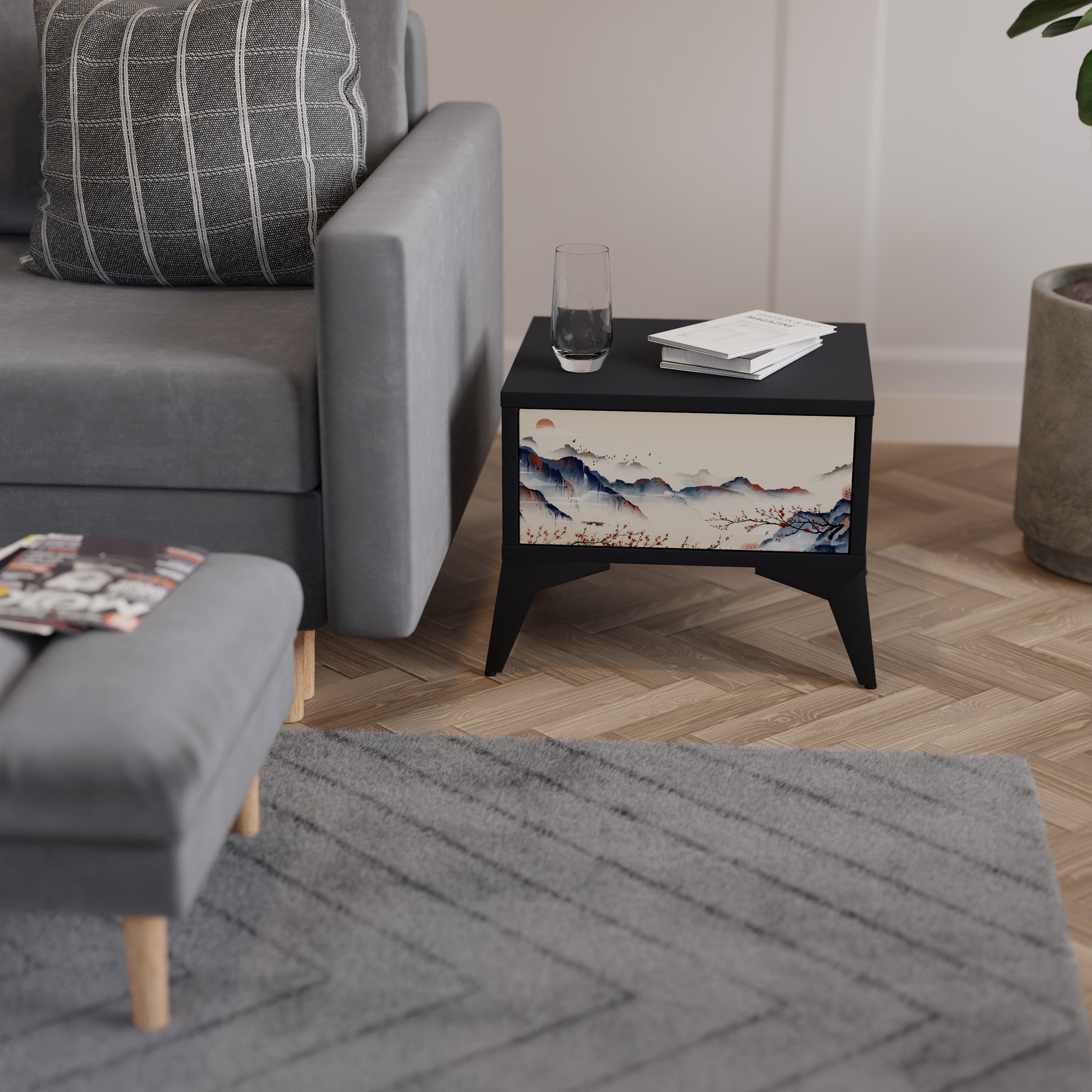 Mesita de noche con diseño de paisaje japonés en acabado negro