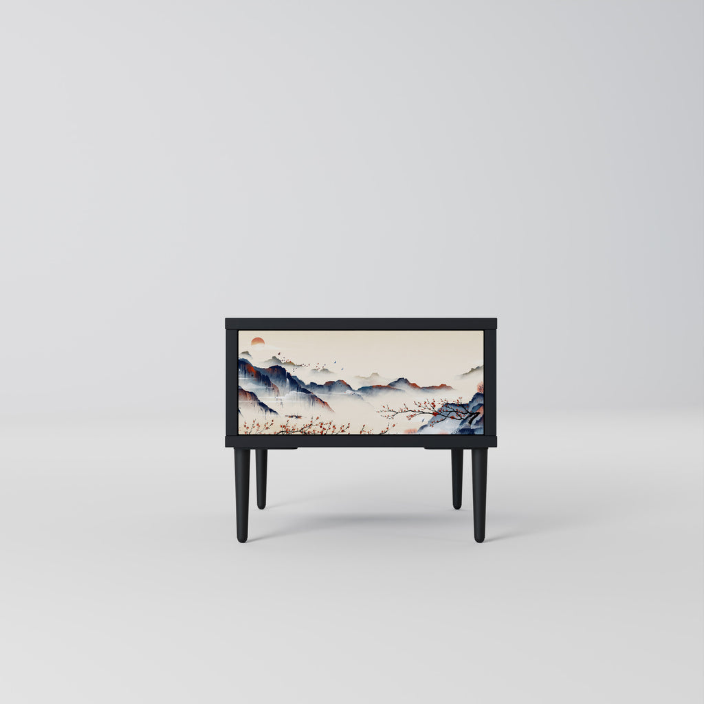 Mesita de noche con diseño de paisaje japonés en acabado negro