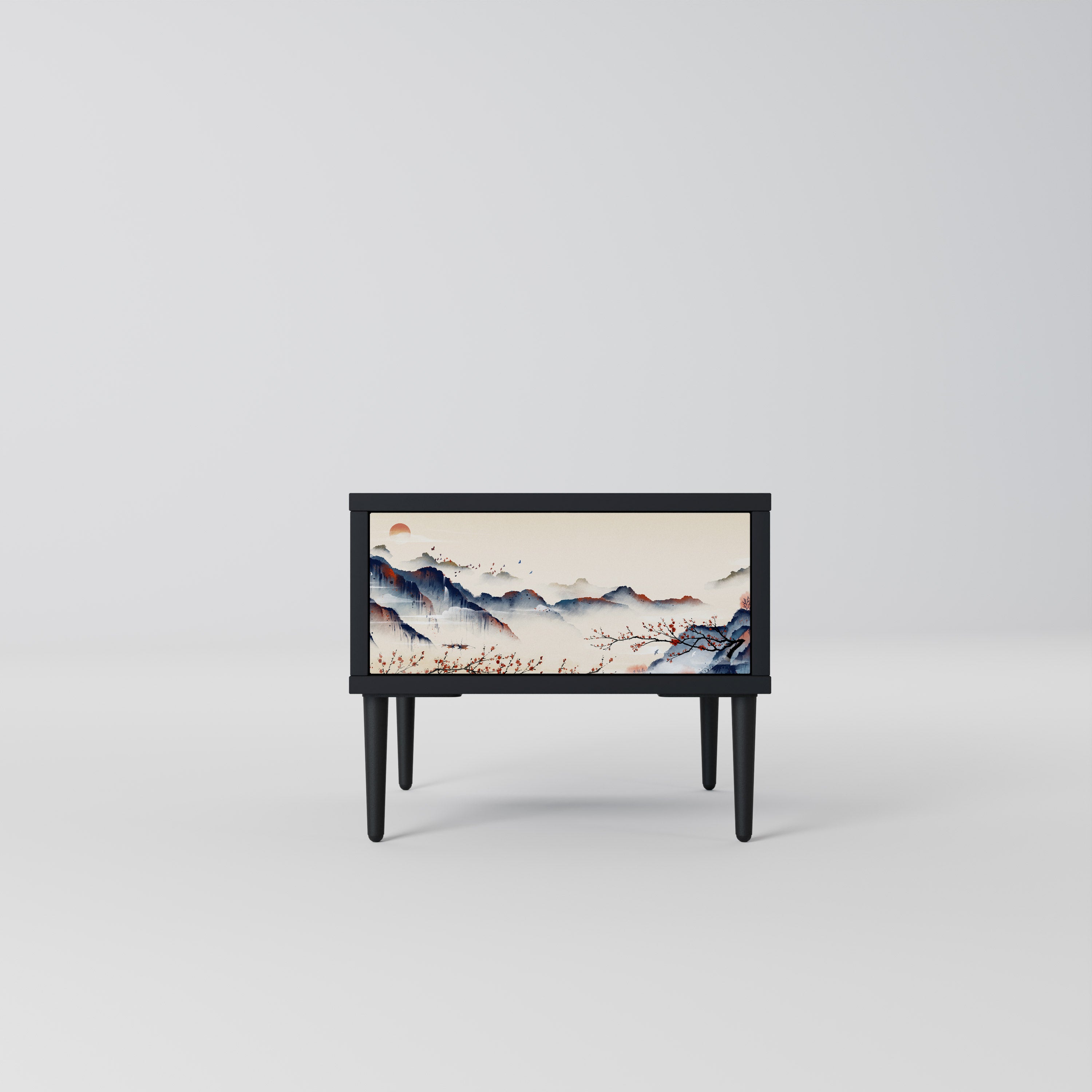 Mesita de noche con diseño de paisaje japonés en acabado negro
