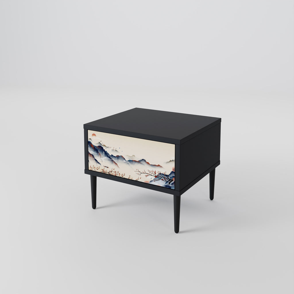 Mesita de noche con diseño de paisaje japonés en acabado negro
