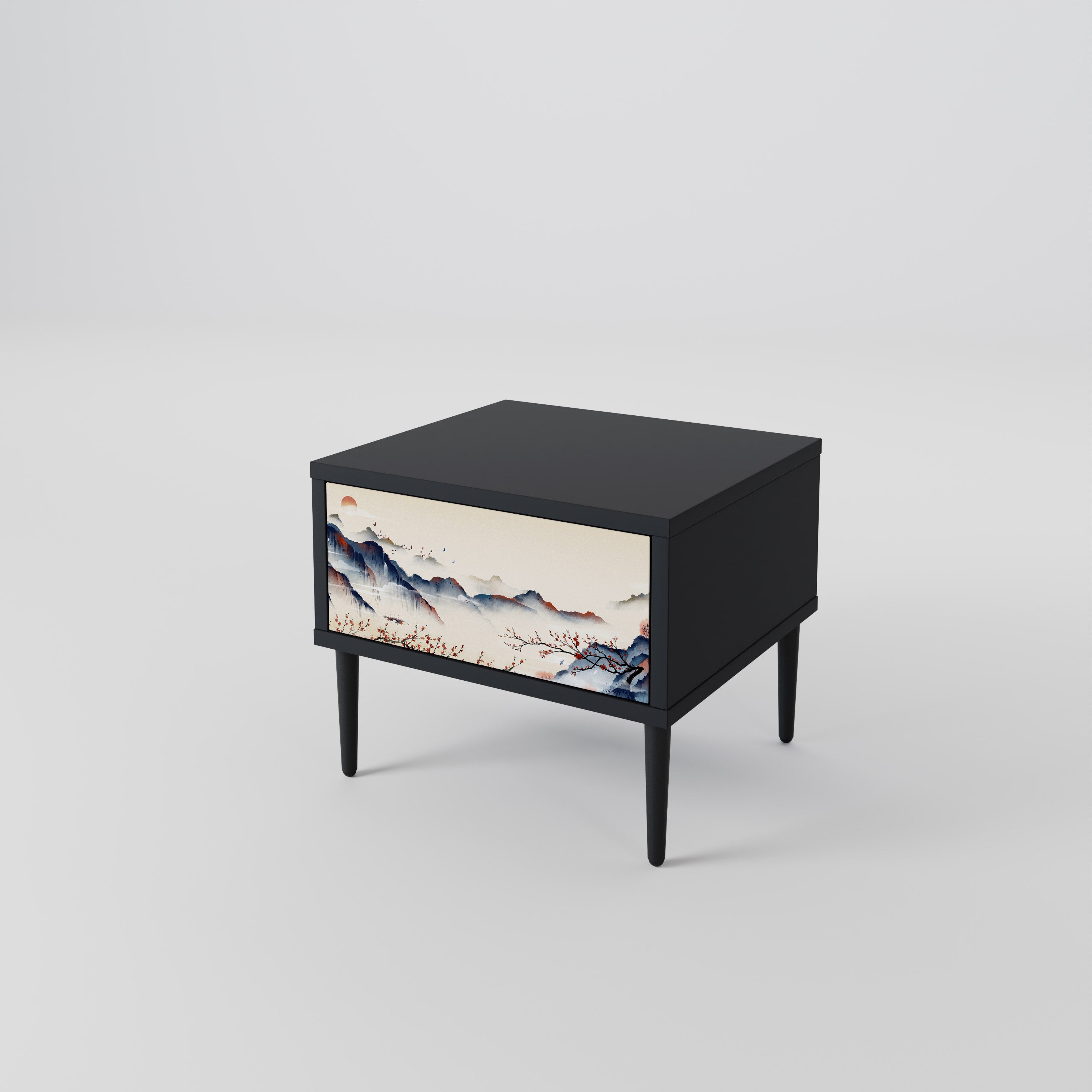 Mesita de noche con diseño de paisaje japonés en acabado negro