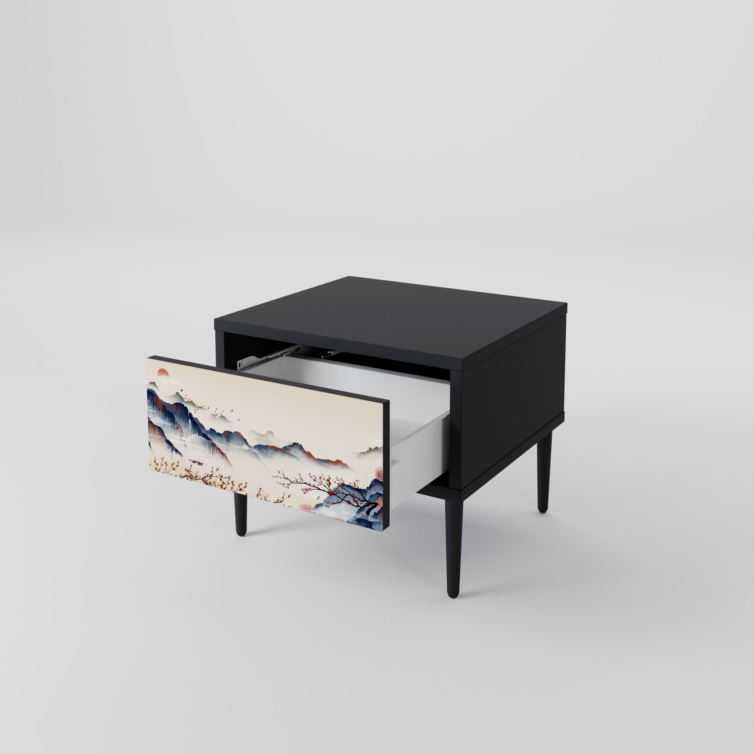 Mesita de noche con diseño de paisaje japonés en acabado negro