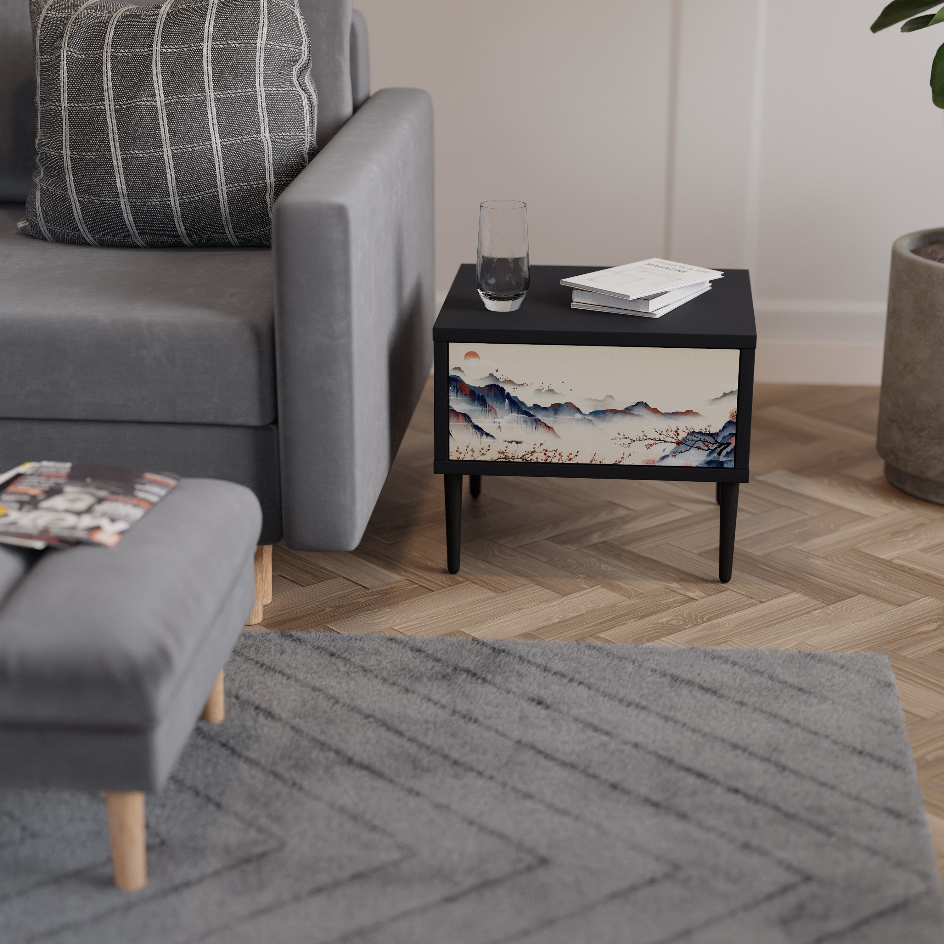 Mesita de noche con diseño de paisaje japonés en acabado negro