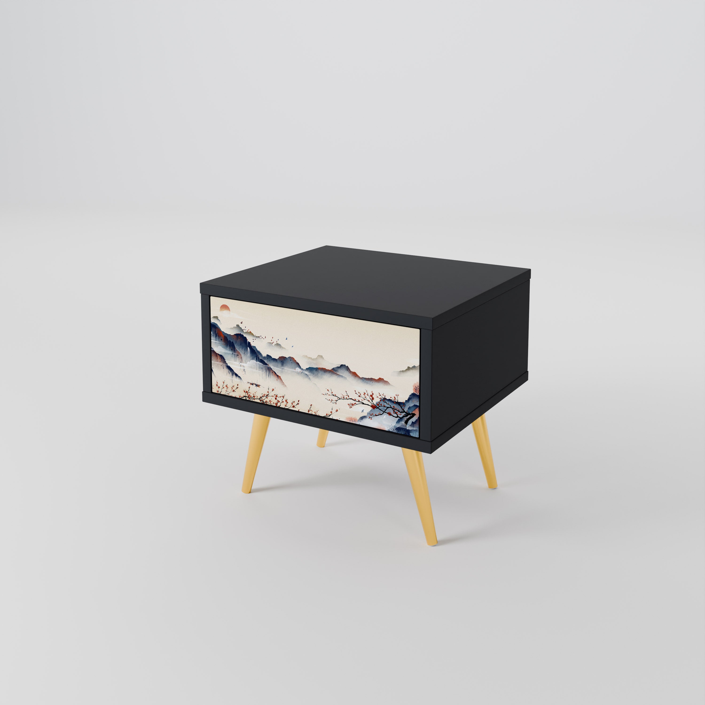 Mesita de noche con diseño de paisaje japonés en acabado negro