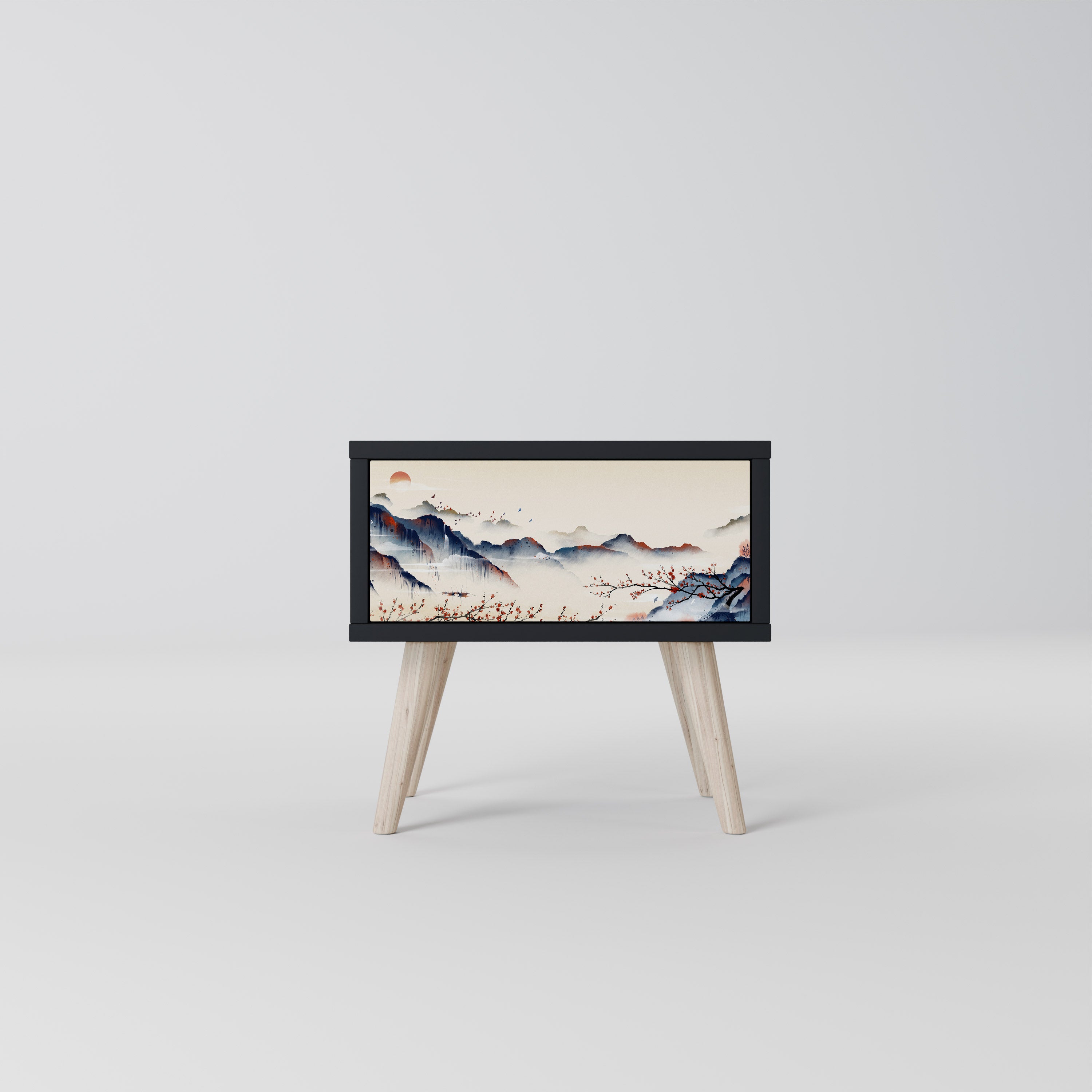 Mesita de noche con diseño de paisaje japonés en acabado negro