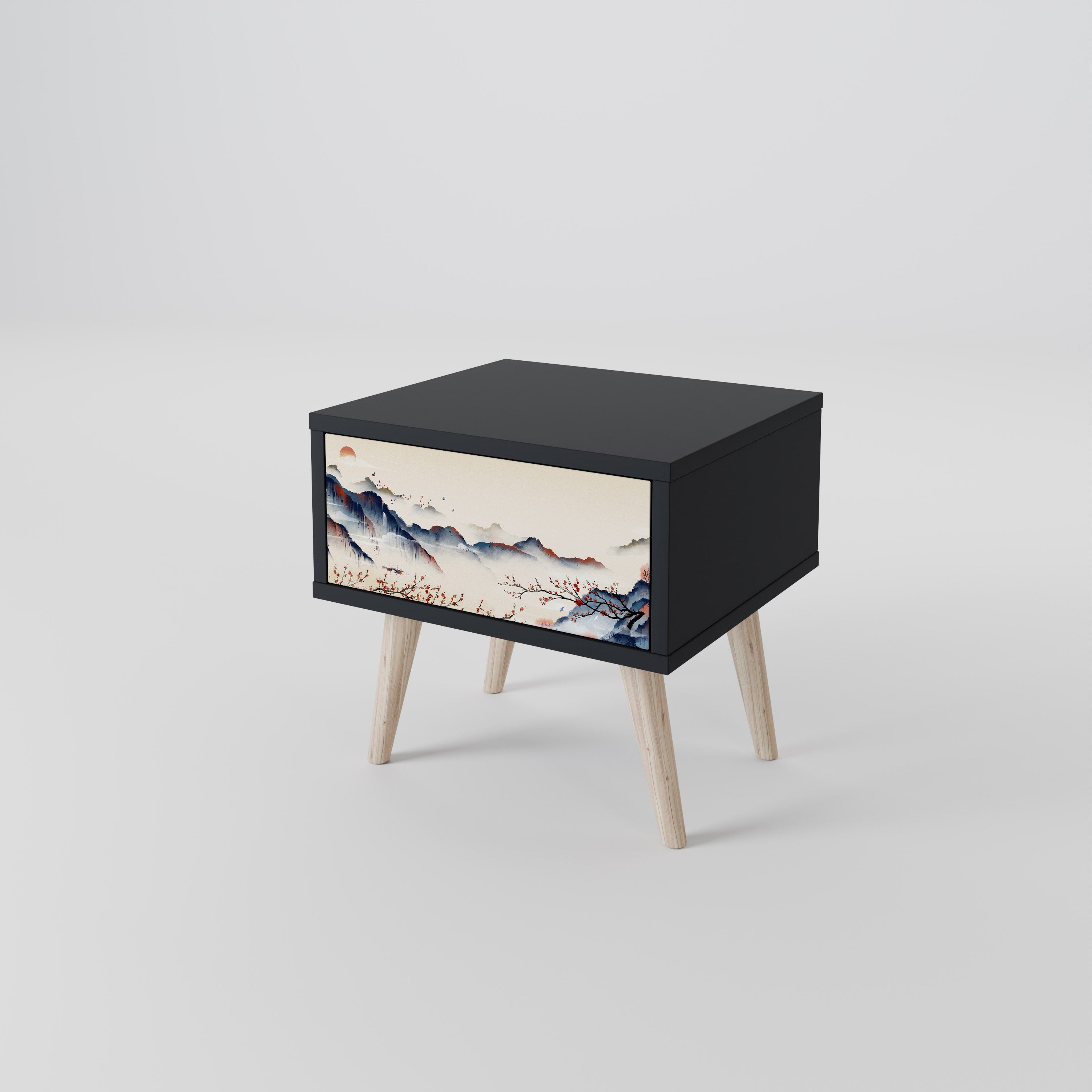 Mesita de noche con diseño de paisaje japonés en acabado negro