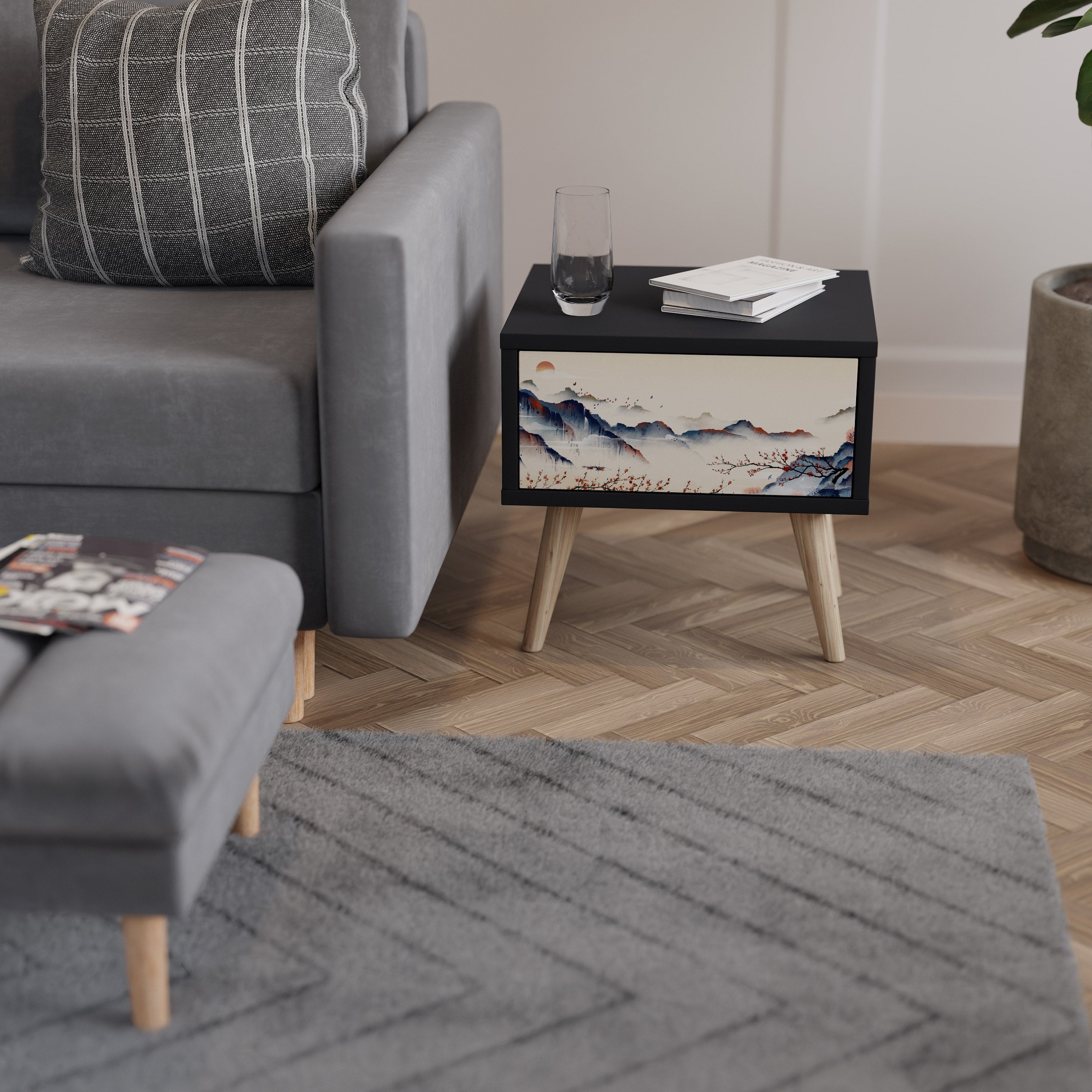 Mesita de noche con diseño de paisaje japonés en acabado negro