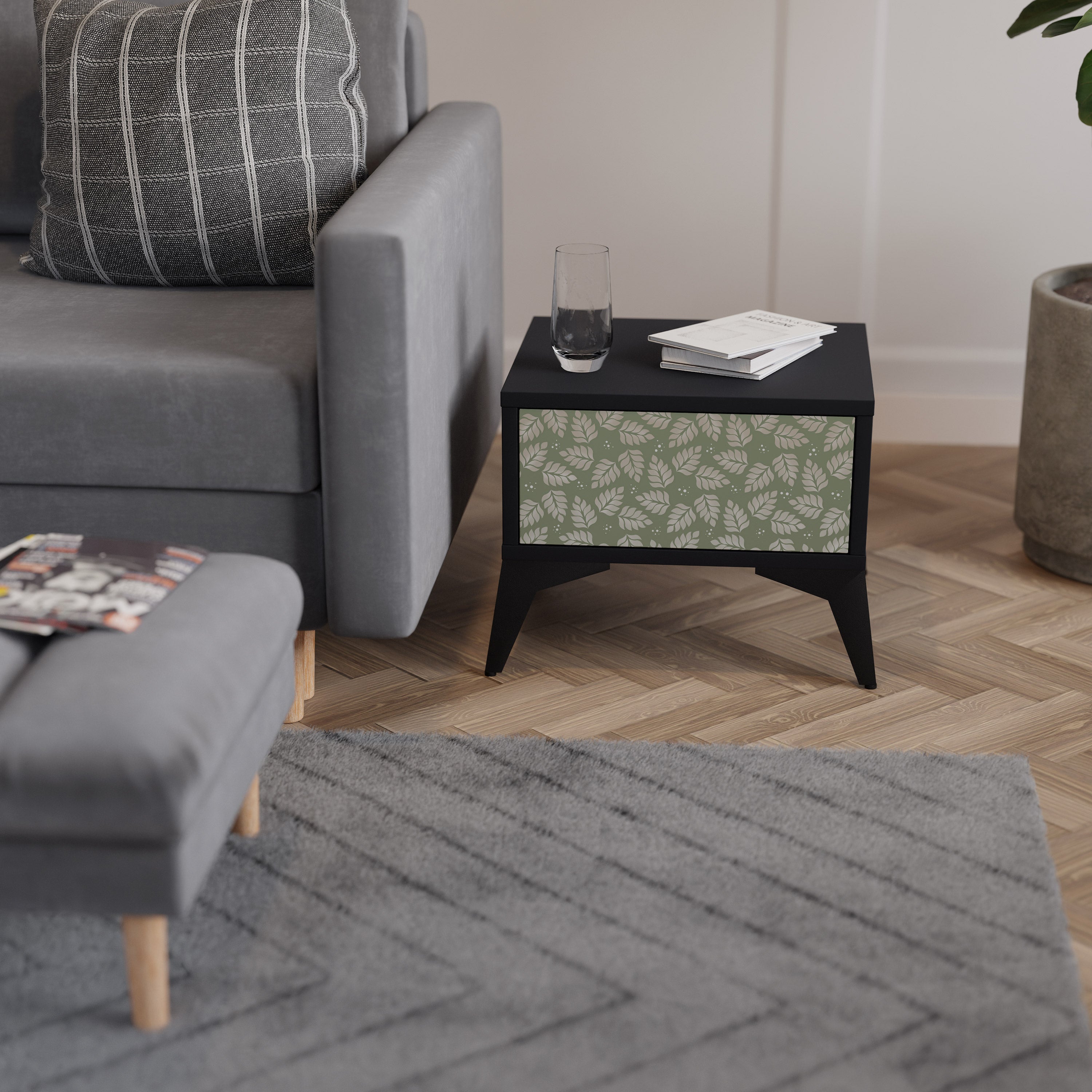 LEAVES ON GREEN Nightstand in Black Finish