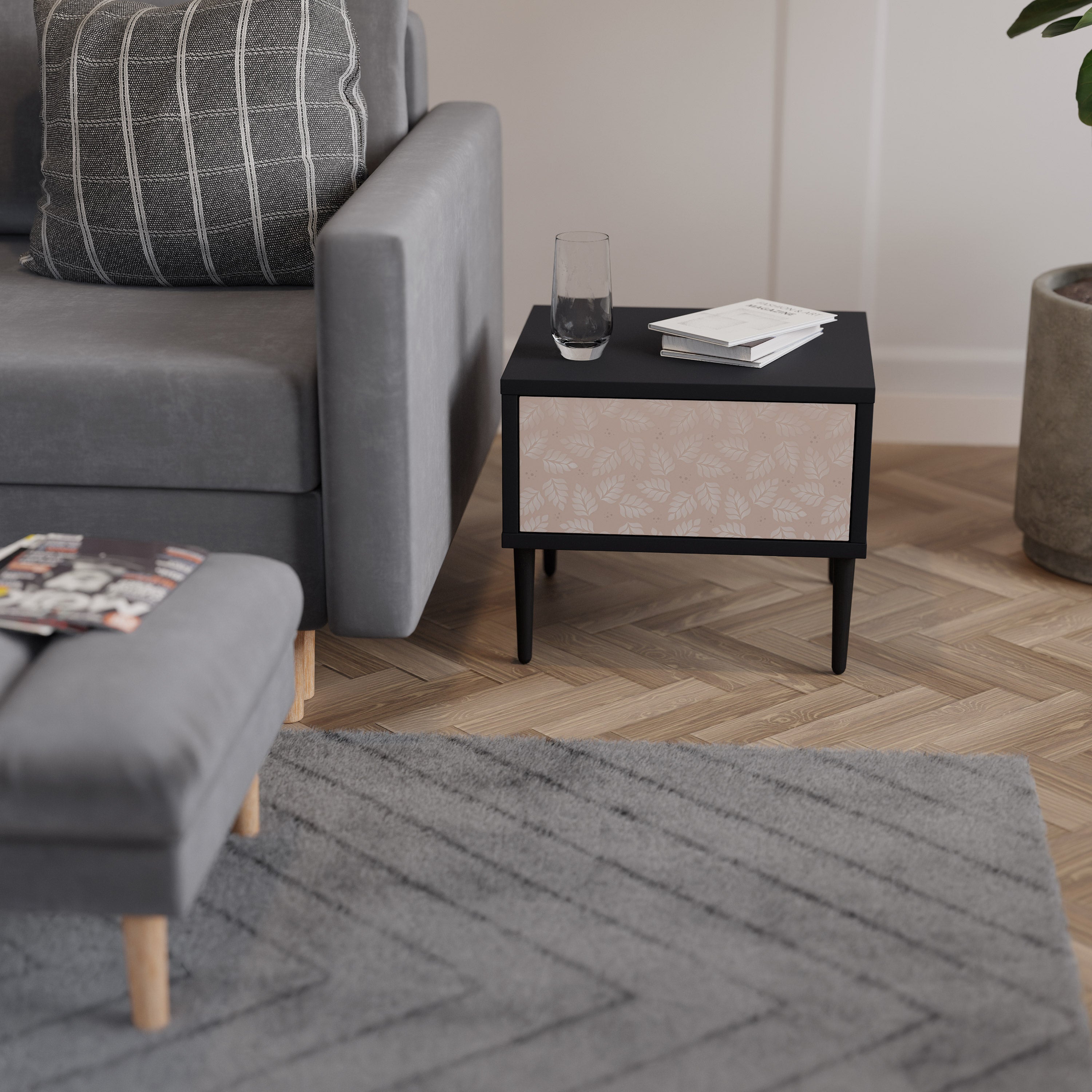 LEAVES ON BEIGE Nightstand in Black Finish