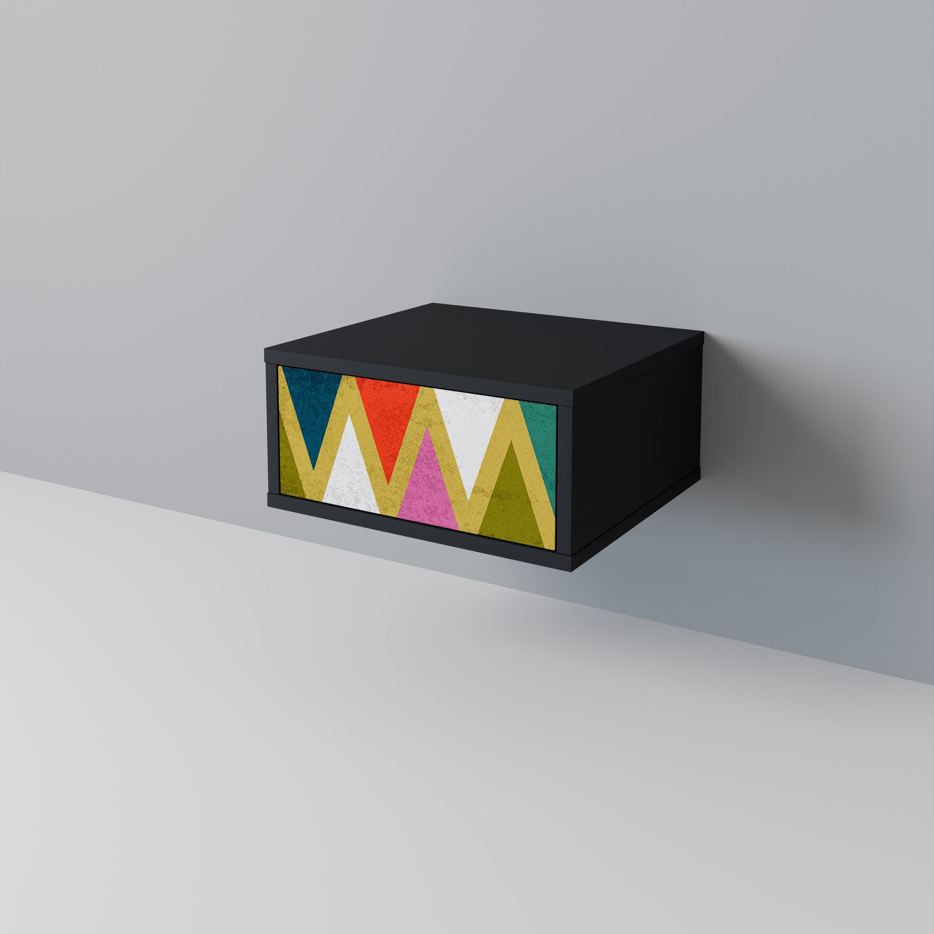 Mesita de noche TRIÁNGULOS DE COLORES en acabado negro