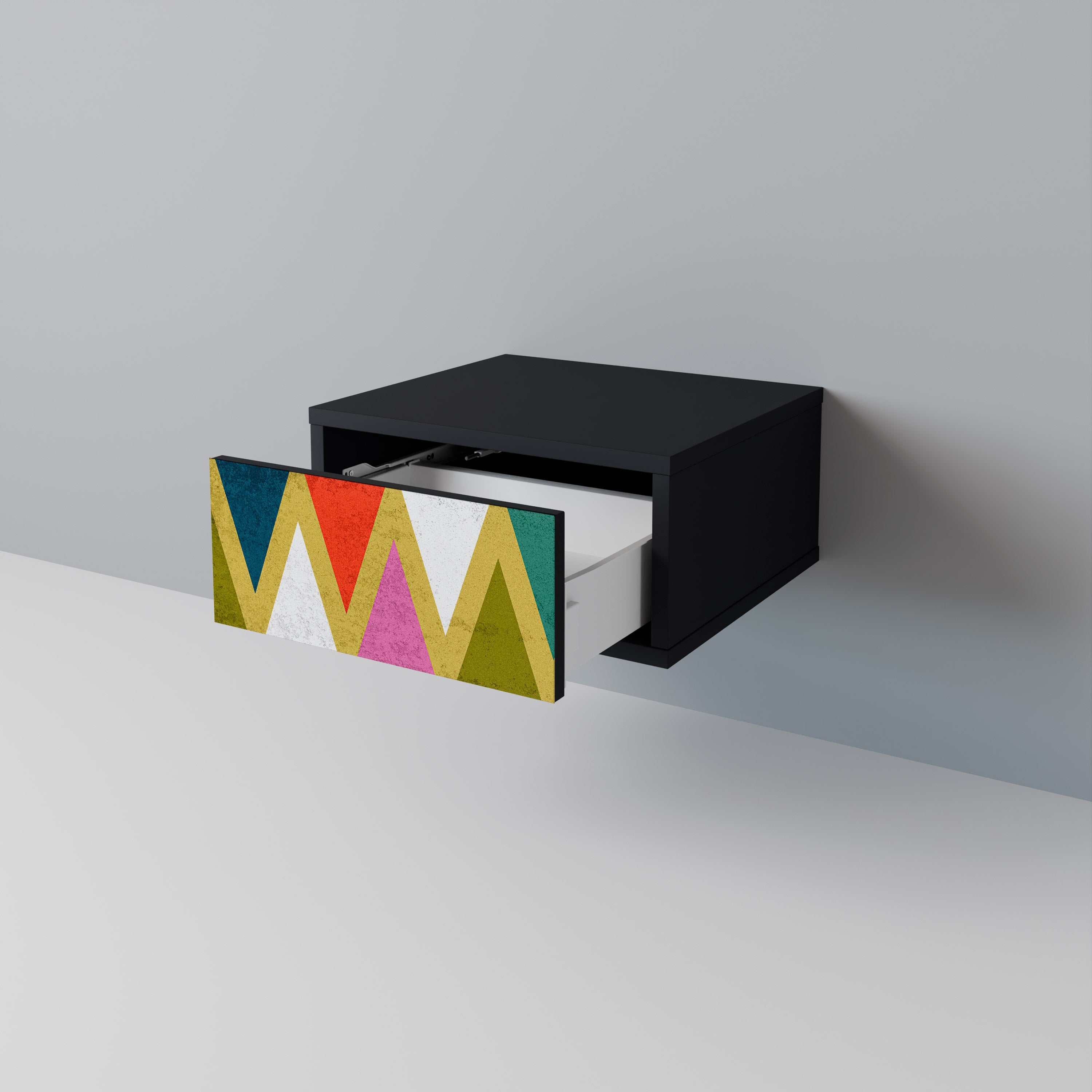 Mesita de noche TRIÁNGULOS DE COLORES en acabado negro