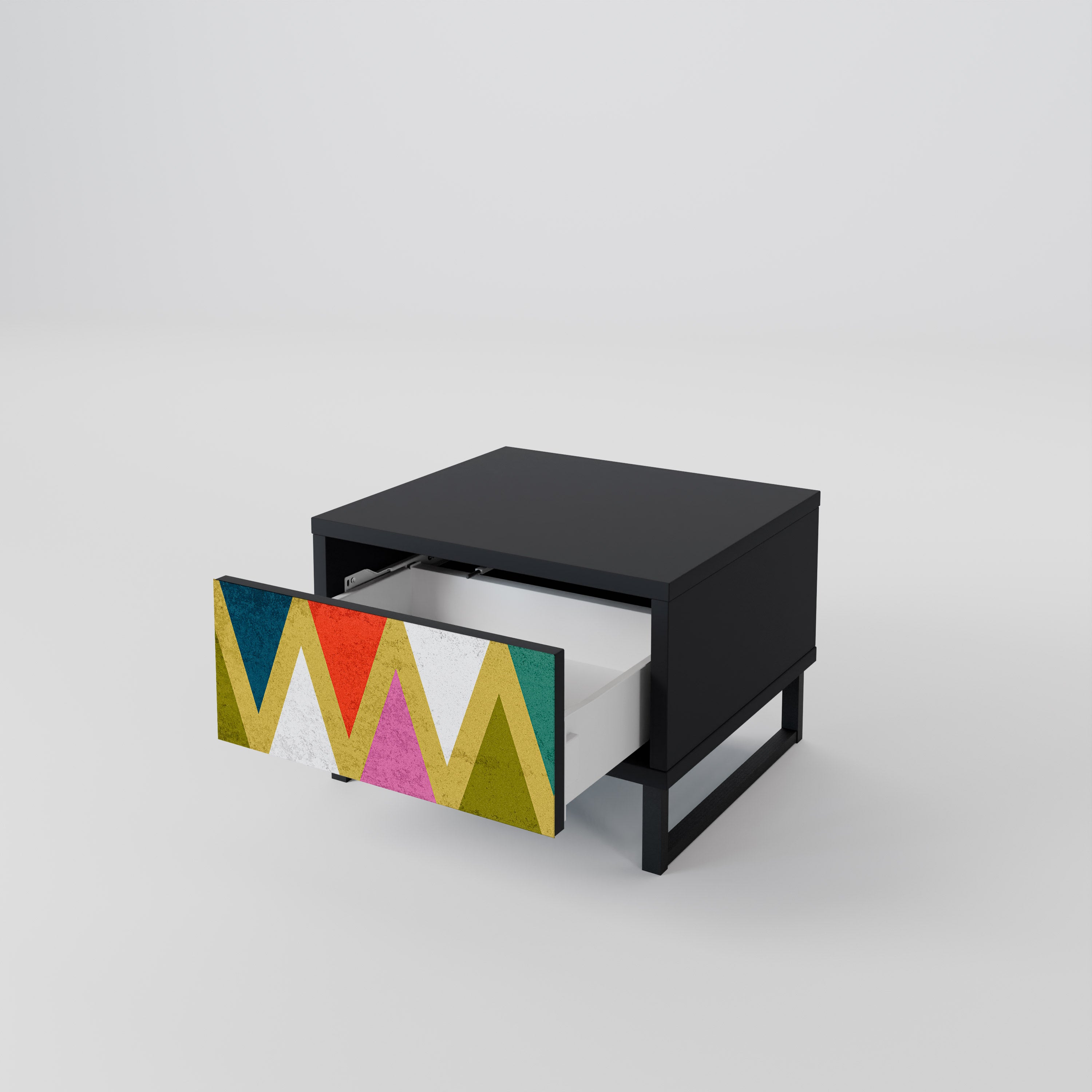 Mesita de noche TRIÁNGULOS DE COLORES en acabado negro