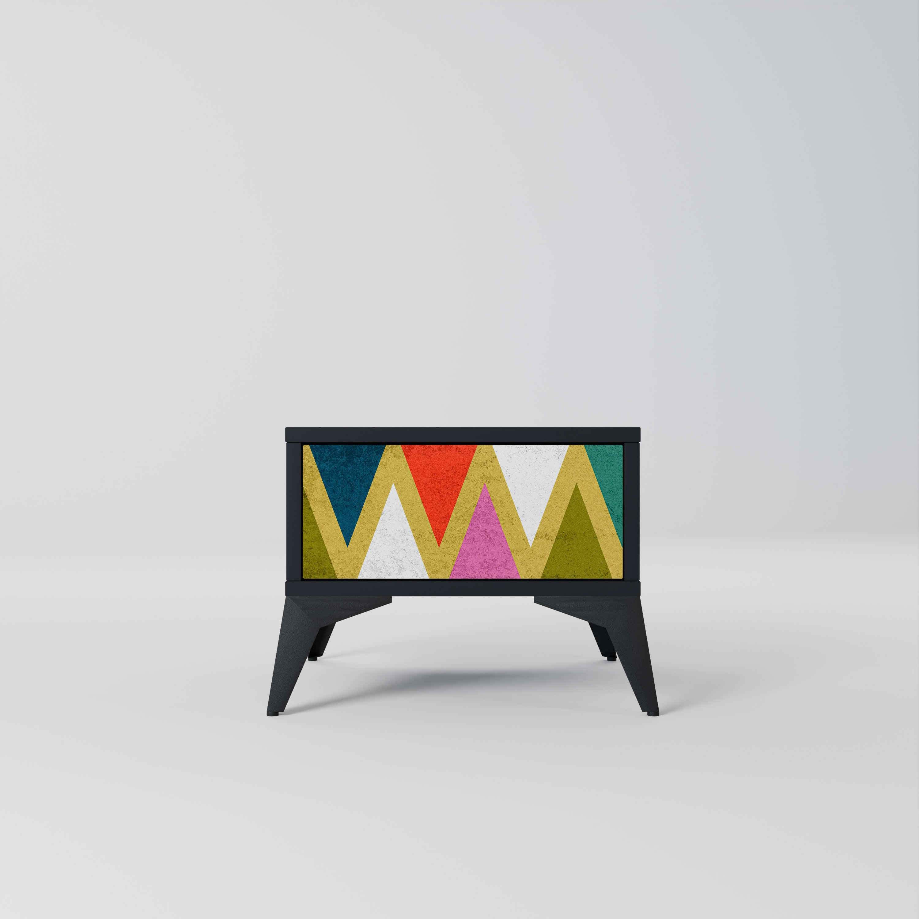 Mesita de noche TRIÁNGULOS DE COLORES en acabado negro