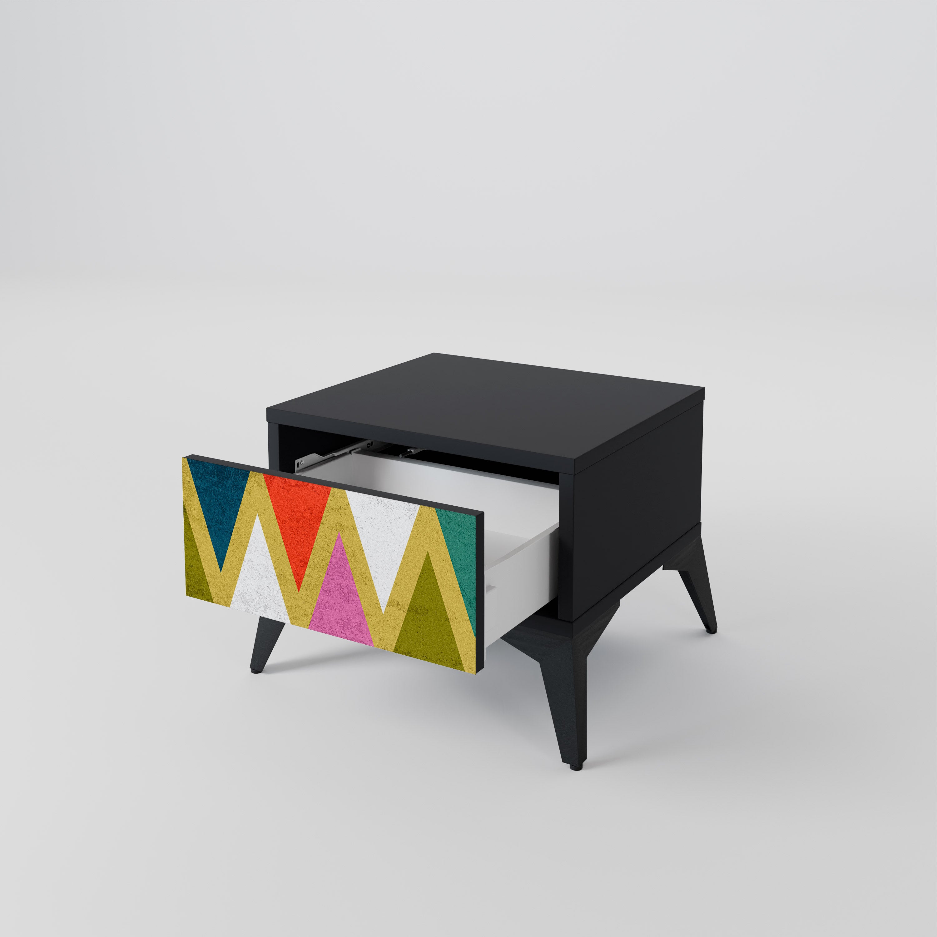 Mesita de noche TRIÁNGULOS DE COLORES en acabado negro