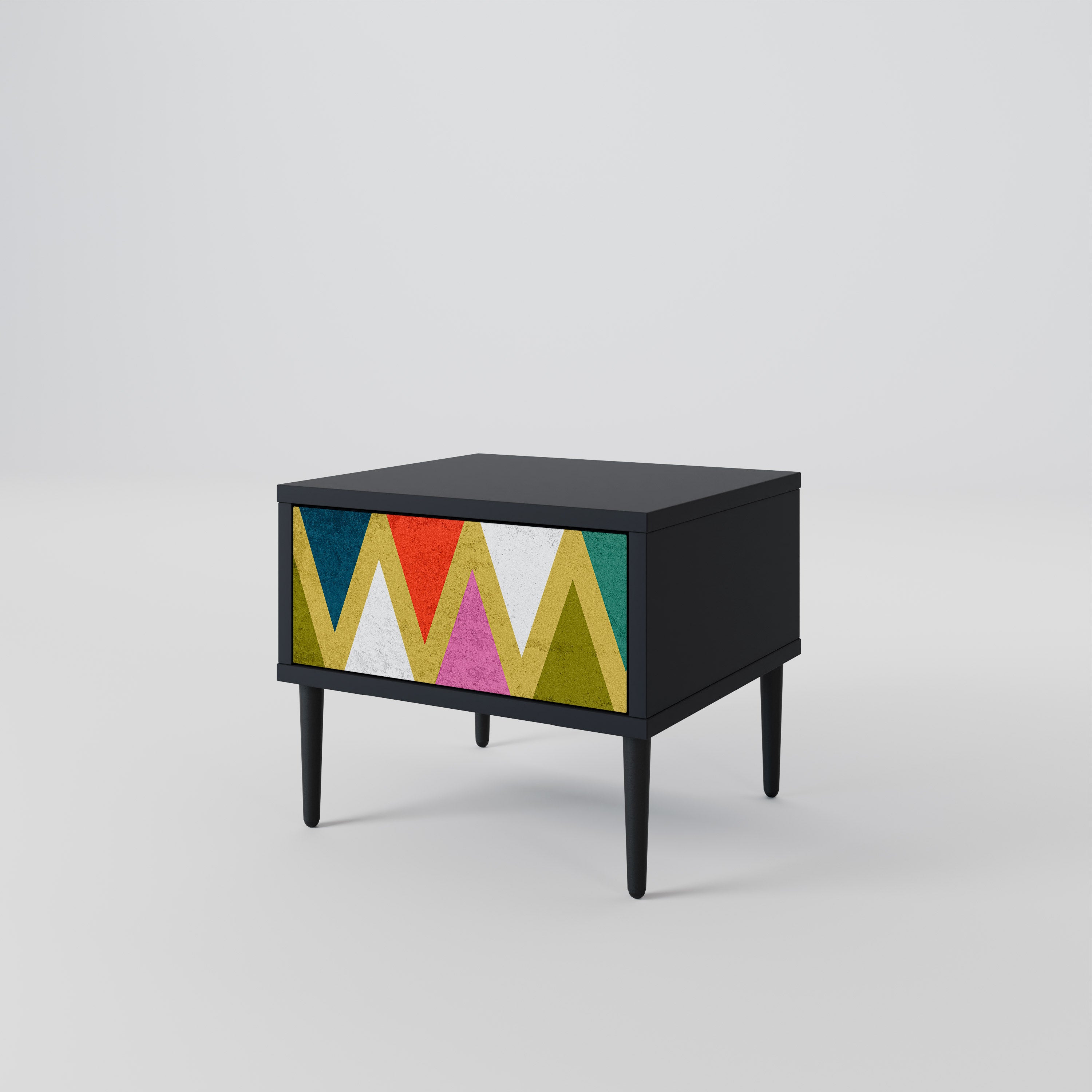 Mesita de noche TRIÁNGULOS DE COLORES en acabado negro