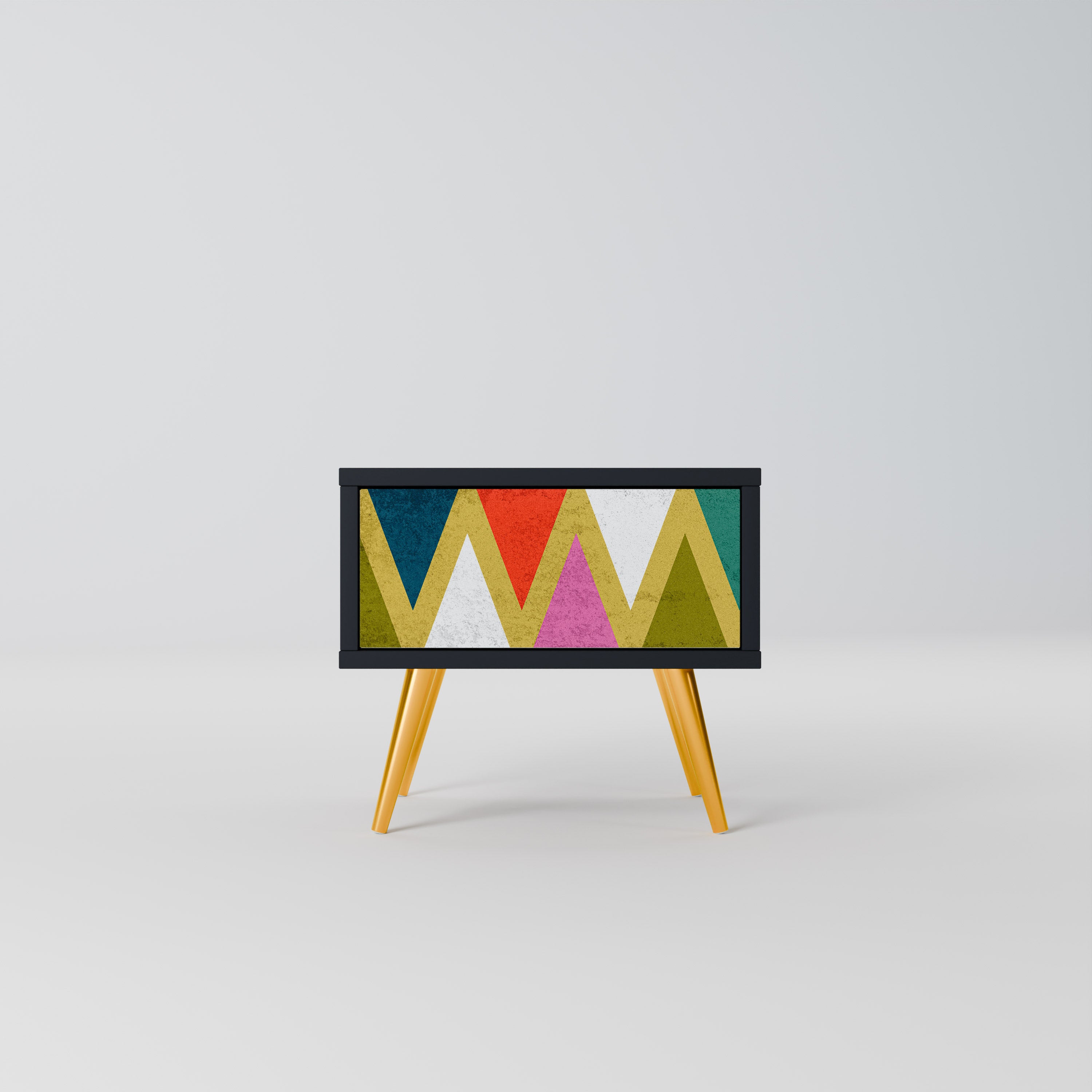 Mesita de noche TRIÁNGULOS DE COLORES en acabado negro