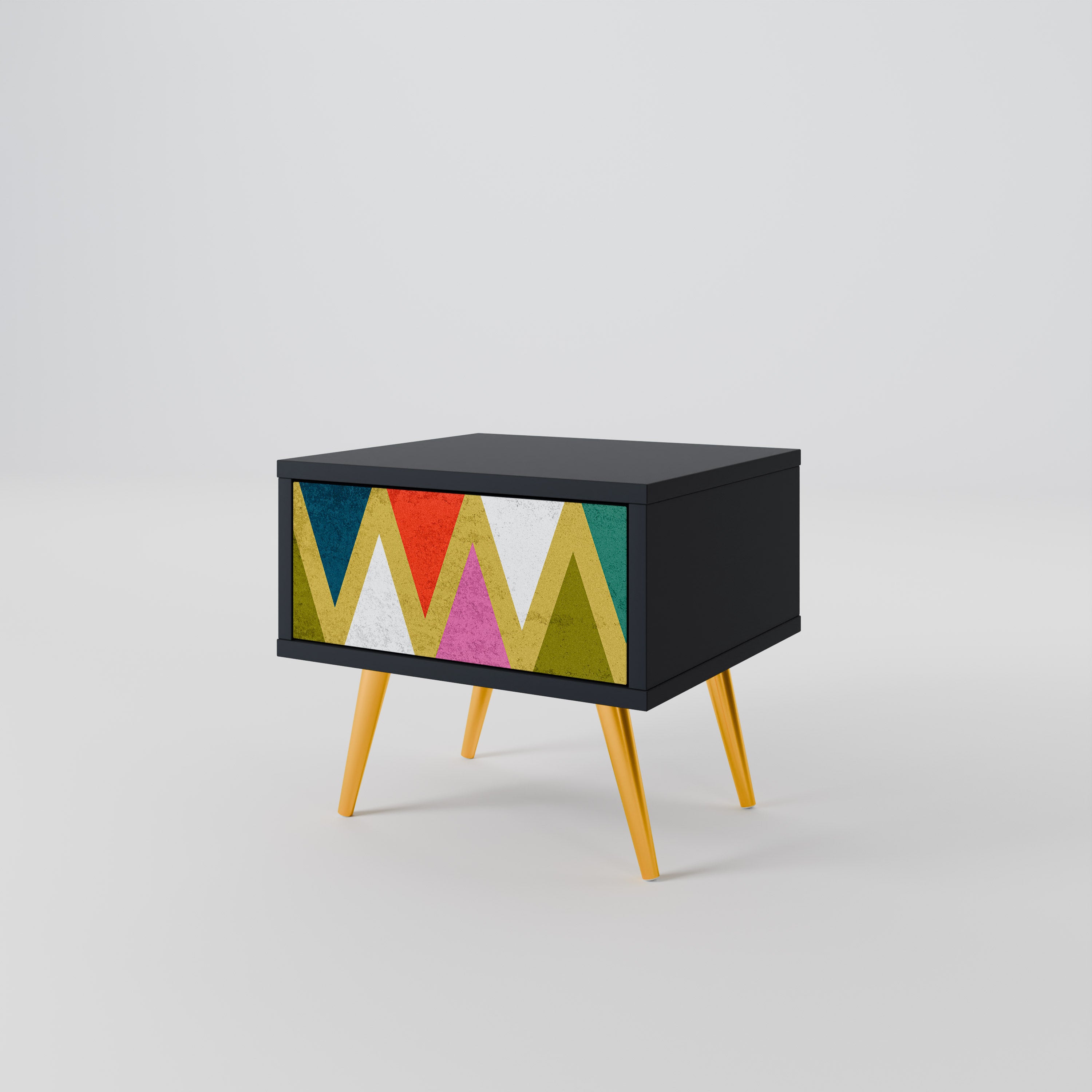 Mesita de noche TRIÁNGULOS DE COLORES en acabado negro