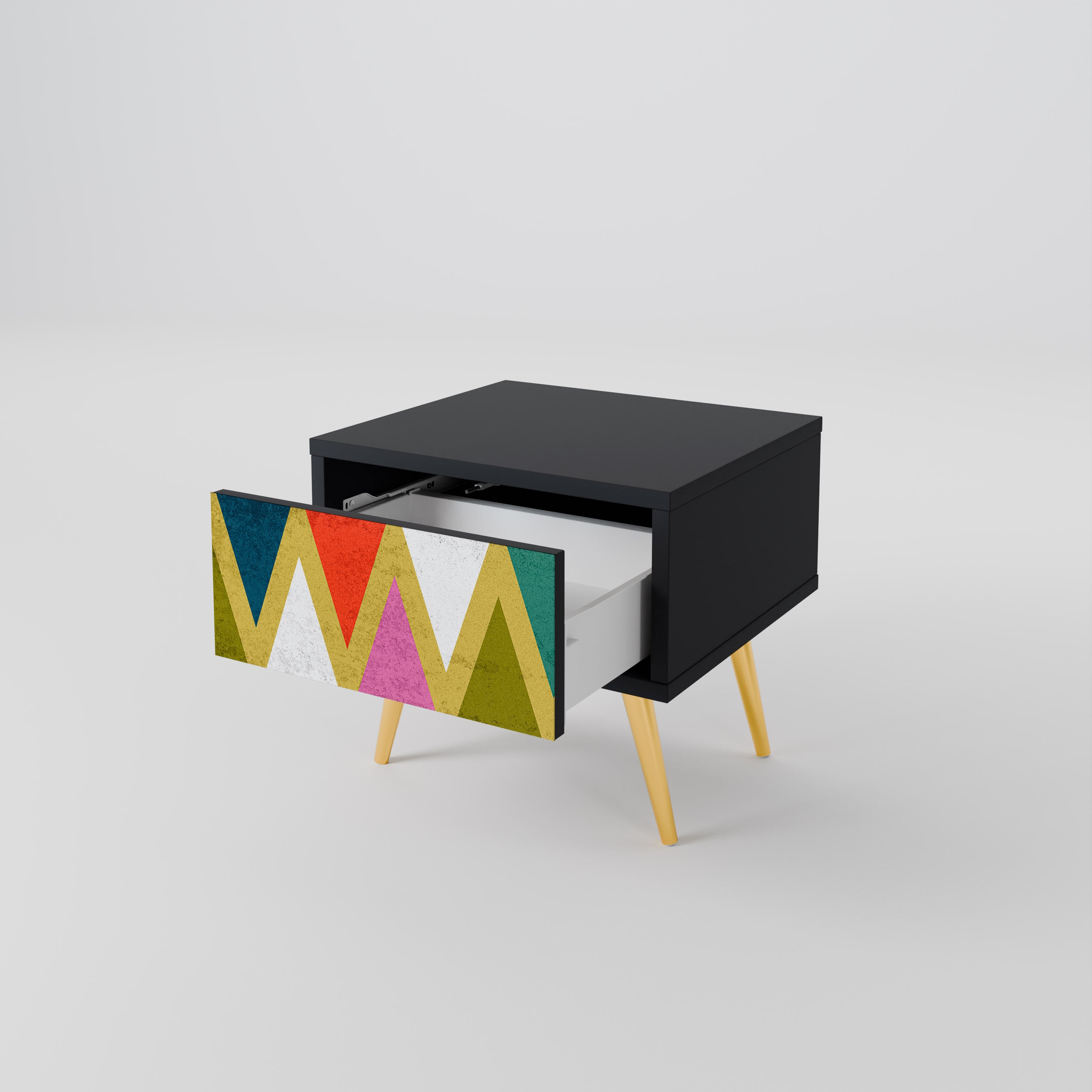 Mesita de noche TRIÁNGULOS DE COLORES en acabado negro