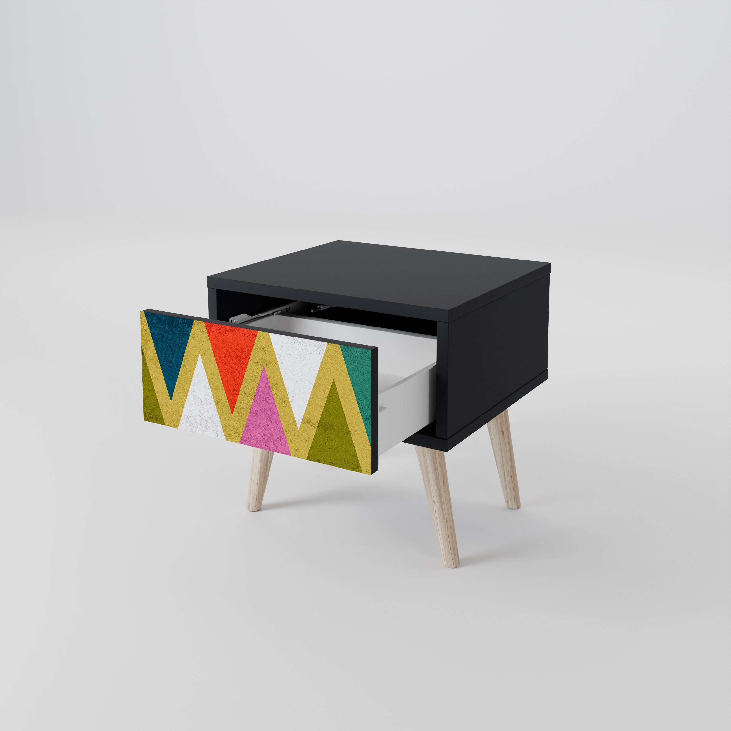 Mesita de noche TRIÁNGULOS DE COLORES en acabado negro